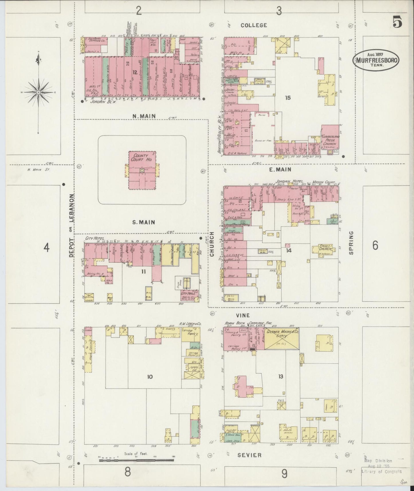 Sanborn Fire Insurance Map from Murfreesboro, Rutherford County, Tennessee (1897), Sheet #0005 - Historic Sanborn Fire Insurance Map Print, vintage old map wall art, antique decor, genealogy gift, Tennessee Tennessee map