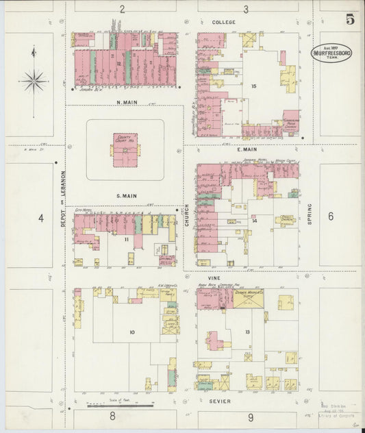 Sanborn Fire Insurance Map from Murfreesboro, Rutherford County, Tennessee (1897), Sheet #0005 - Historic Sanborn Fire Insurance Map Print, vintage old map wall art, antique decor, genealogy gift, Tennessee Tennessee map