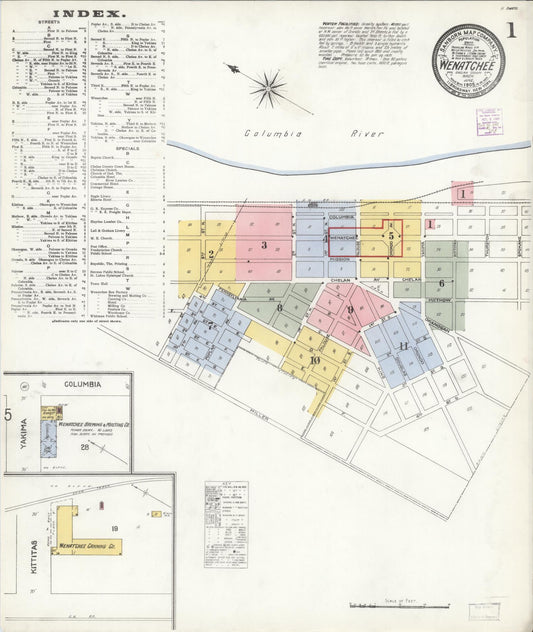 Sanborn Fire Insurance Map from Wenatchee, Chelan County, Washington (1905), Sheet #0001 - Complete Map Set gallery image, historic Sanborn map, vintage wall art, Washington Washington