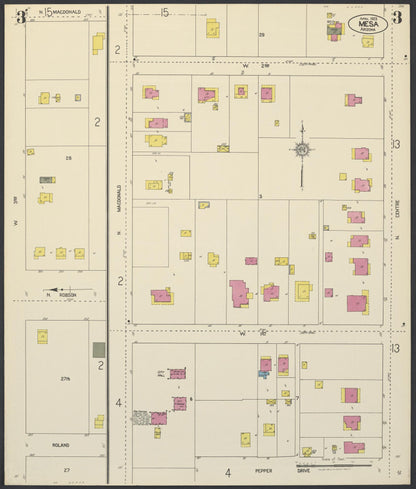 Sanborn Fire Insurance Map from Mesa, Maricopa County, Arizona (1923), Sheet #0003 - Complete Map Set gallery image, historic Sanborn map, vintage wall art, Arizona Arizona