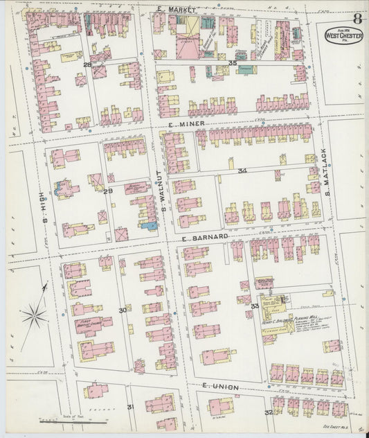 Sanborn Fire Insurance Map from West Chester, Chester County, Pennsylvania (1891), Sheet #0008 - Historic Sanborn Fire Insurance Map Print, vintage old map wall art, antique decor, genealogy gift, Pennsylvania Pennsylvania map
