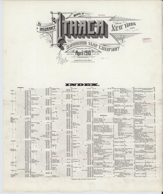 Sanborn Fire Insurance Map from Ithaca, Tompkins County, New York (1910), Sheet #0001 - Historic Sanborn Fire Insurance Map Print, vintage old map wall art, antique decor, genealogy gift, New York New York map