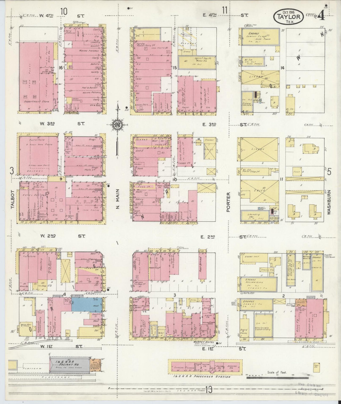 Sanborn Fire Insurance Map from Taylor, Williamson County, Texas (1916), Sheet #0004 - Complete Map Set gallery image, historic Sanborn map, vintage wall art, Texas Texas