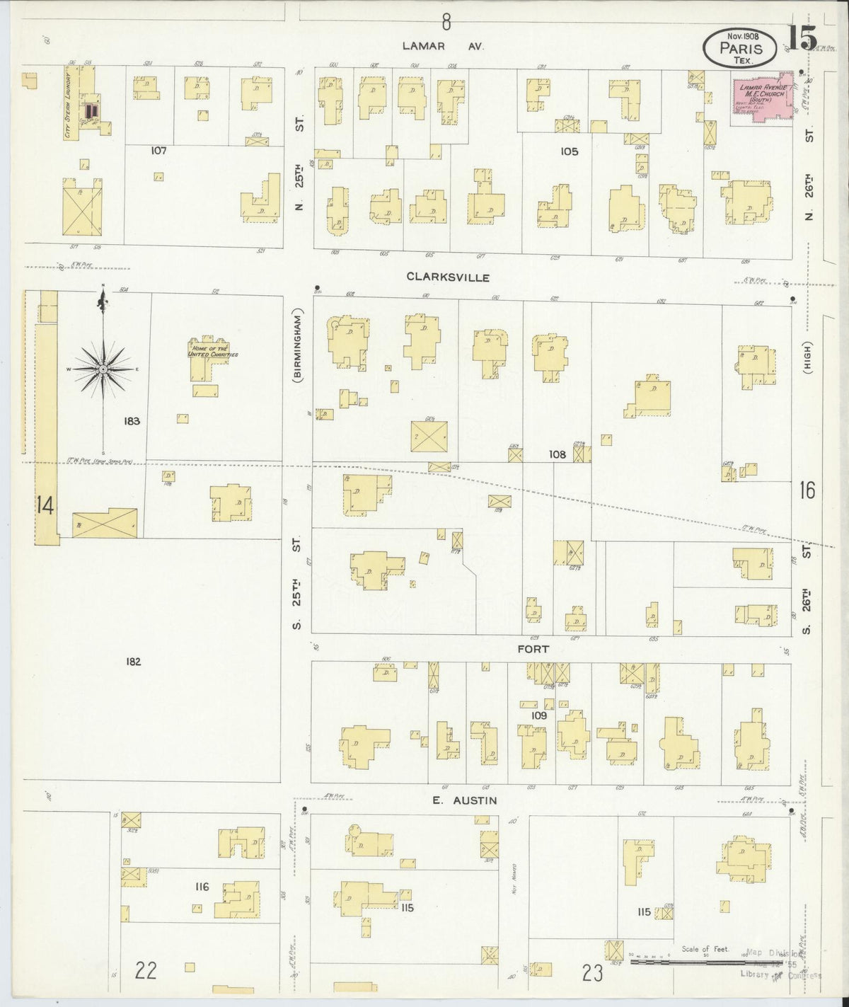 Sanborn Fire Insurance Map from Paris, Lamar County, Texas (1908), Sheet #0015 - Historic Sanborn Fire Insurance Map Print, vintage old map wall art, antique decor, genealogy gift, Texas Texas map