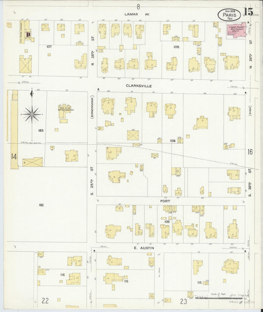 Sanborn Fire Insurance Map from Paris, Lamar County, Texas (1908), Sheet #0015 - Historic Sanborn Fire Insurance Map Print, vintage old map wall art, antique decor, genealogy gift, Texas Texas map