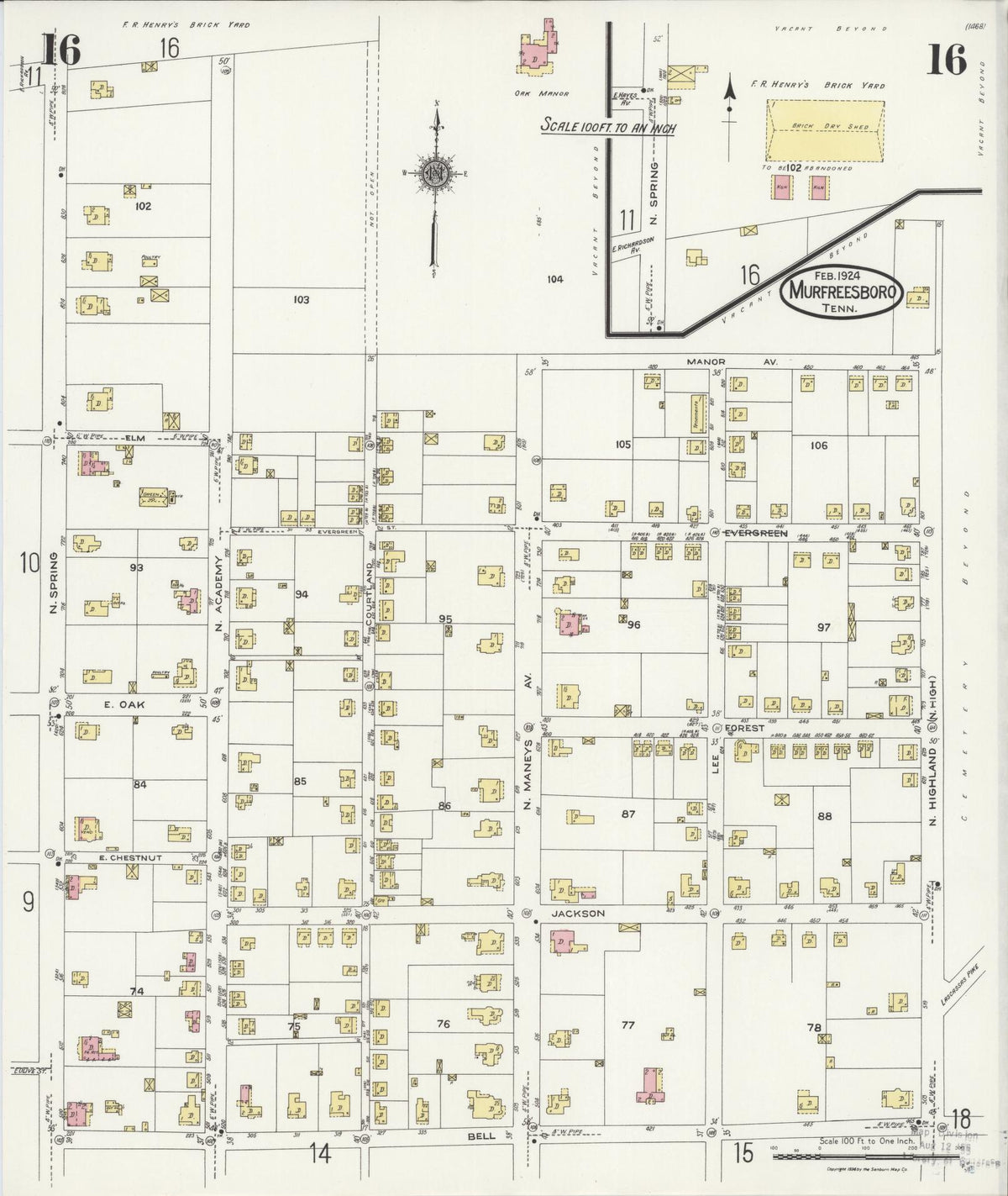 Sanborn Fire Insurance Map from Murfreesboro, Rutherford County, Tennessee (1924), Sheet #0016 - Complete Map Set gallery image, historic Sanborn map, vintage wall art, Tennessee Tennessee