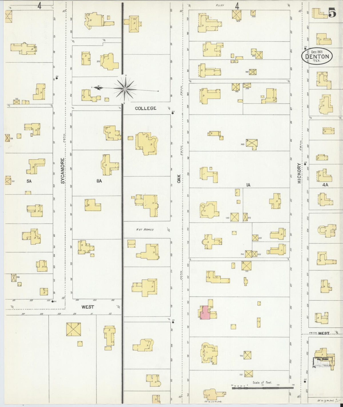 Sanborn Fire Insurance Map from Denton, Denton County, Texas (1901), Sheet #0005 - Historic Sanborn Fire Insurance Map Print, vintage old map wall art, antique decor, genealogy gift, Texas Texas map