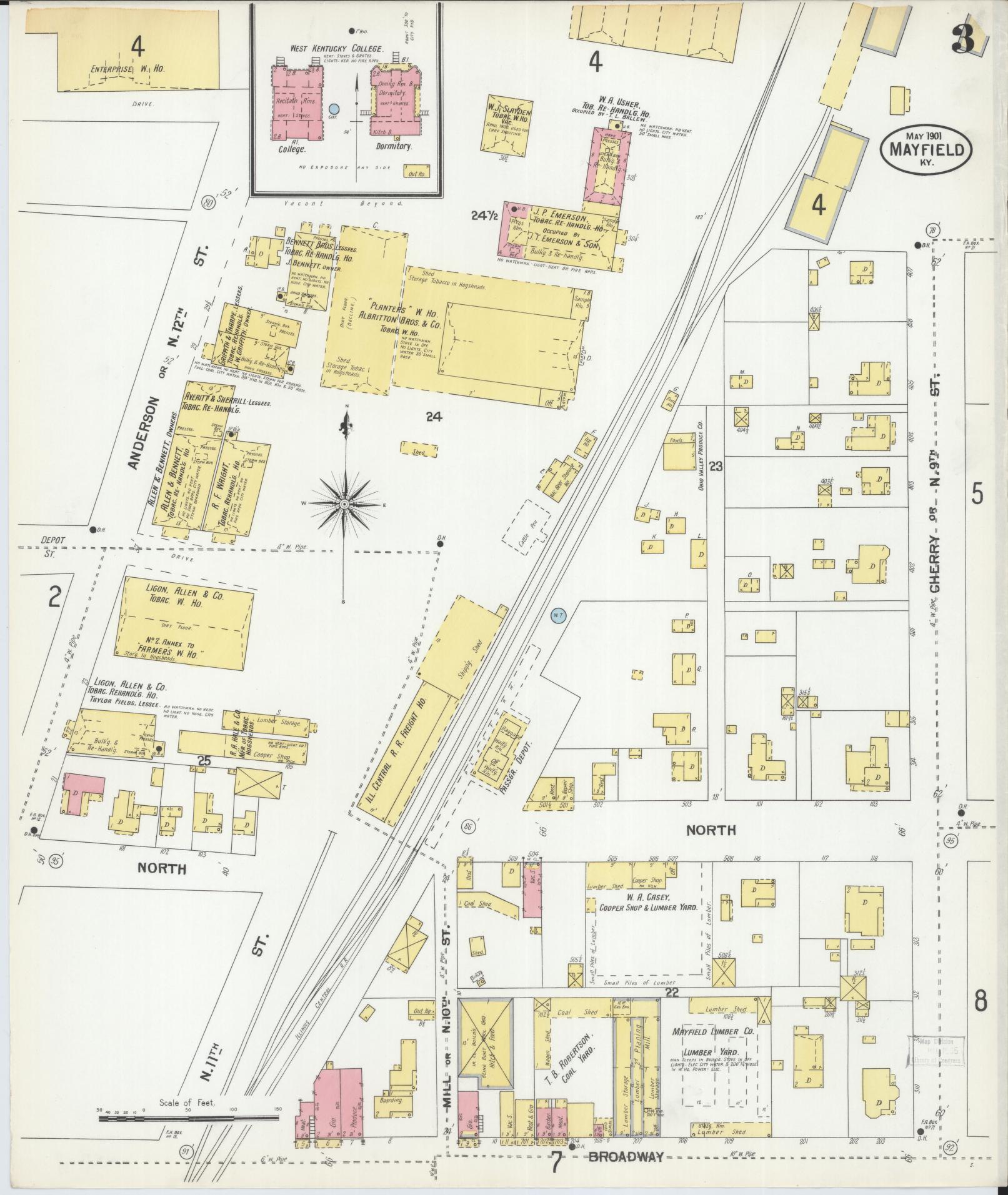 Sanborn Fire Insurance Map from Mayfield, Graves County, Kentucky (1901), Sheet #0003 - Complete Map Set gallery image, historic Sanborn map, vintage wall art, Kentucky Kentucky