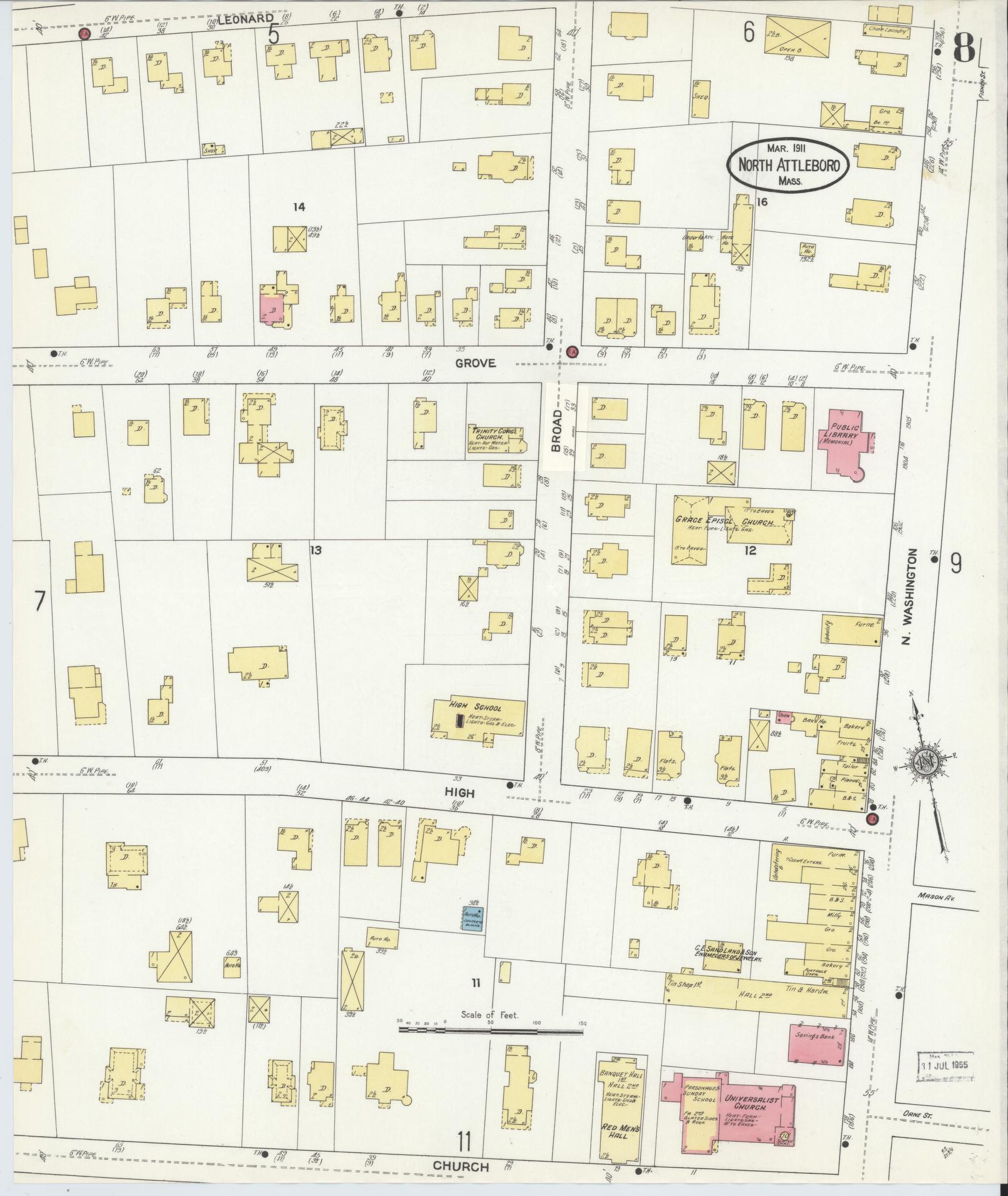 Sanborn Fire Insurance Map from North Attleborough, Bristol County, Massachusetts (1911), Sheet #0008 - Complete Map Set gallery image, historic Sanborn map, vintage wall art, Massachusetts Massachusetts