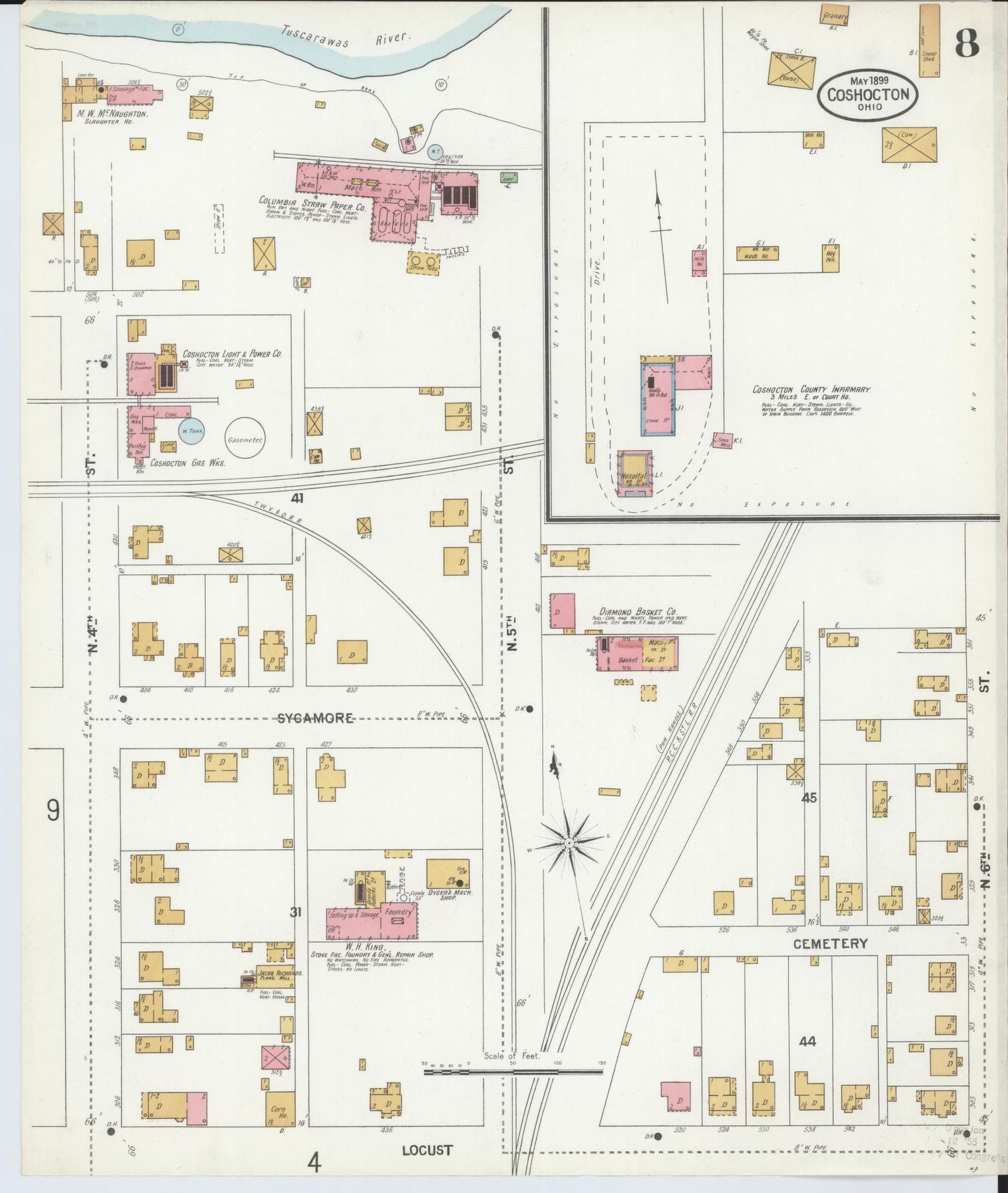 Sanborn Fire Insurance Map from Coshocton, Coshocton County, Ohio (1899), Sheet #0008 - Historic Sanborn Fire Insurance Map Print, vintage old map wall art, antique decor, genealogy gift, Ohio Ohio map