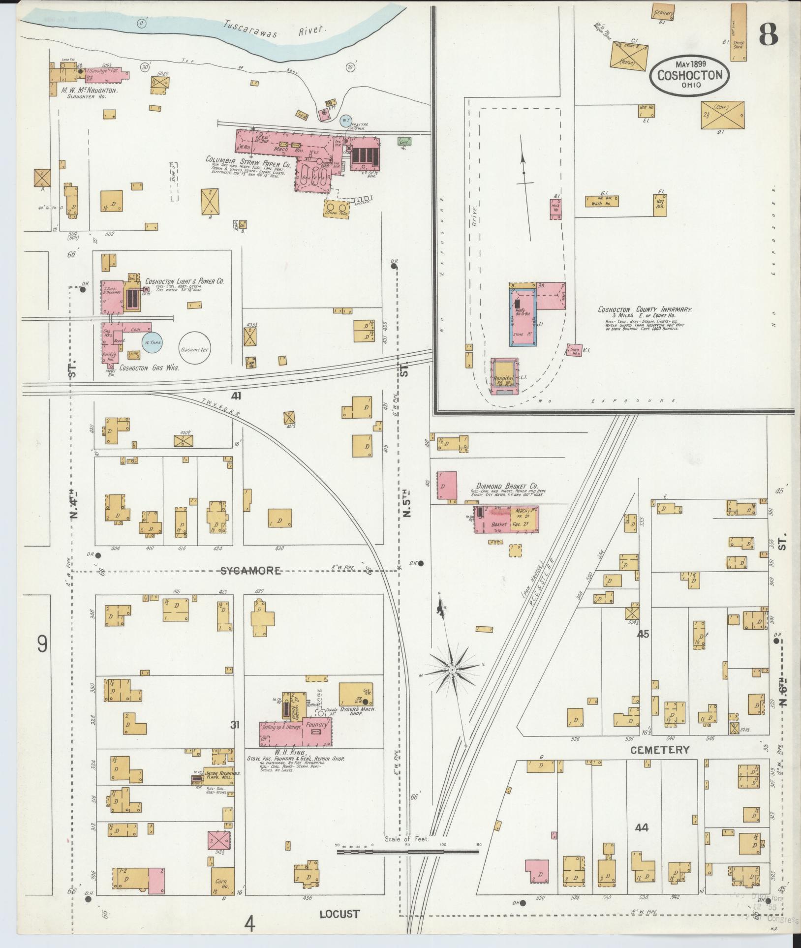 Sanborn Fire Insurance Map from Coshocton, Coshocton County, Ohio (1899), Sheet #0008 - Historic Sanborn Fire Insurance Map Print, vintage old map wall art, antique decor, genealogy gift, Ohio Ohio map