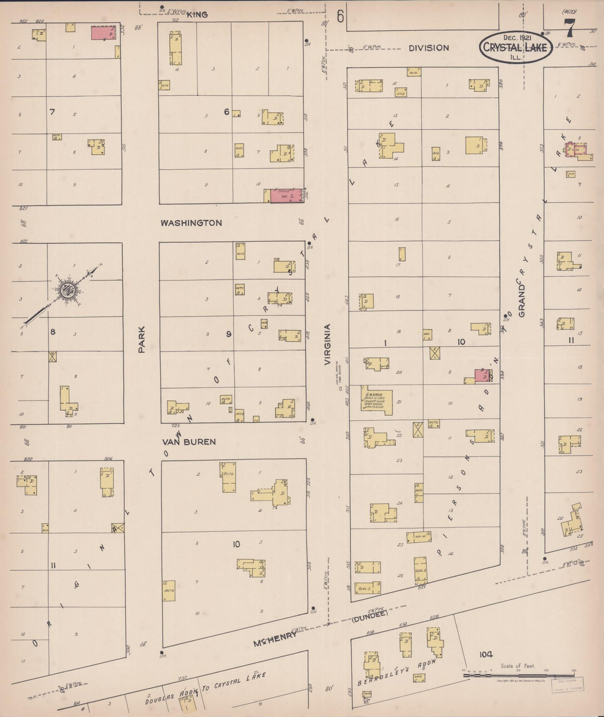 Sanborn Fire Insurance Map from Crystal Lake, McHenry County, Illinois (1921), Sheet #0007 - Historic Sanborn Fire Insurance Map Print, vintage old map wall art, antique decor, genealogy gift, Illinois Illinois map