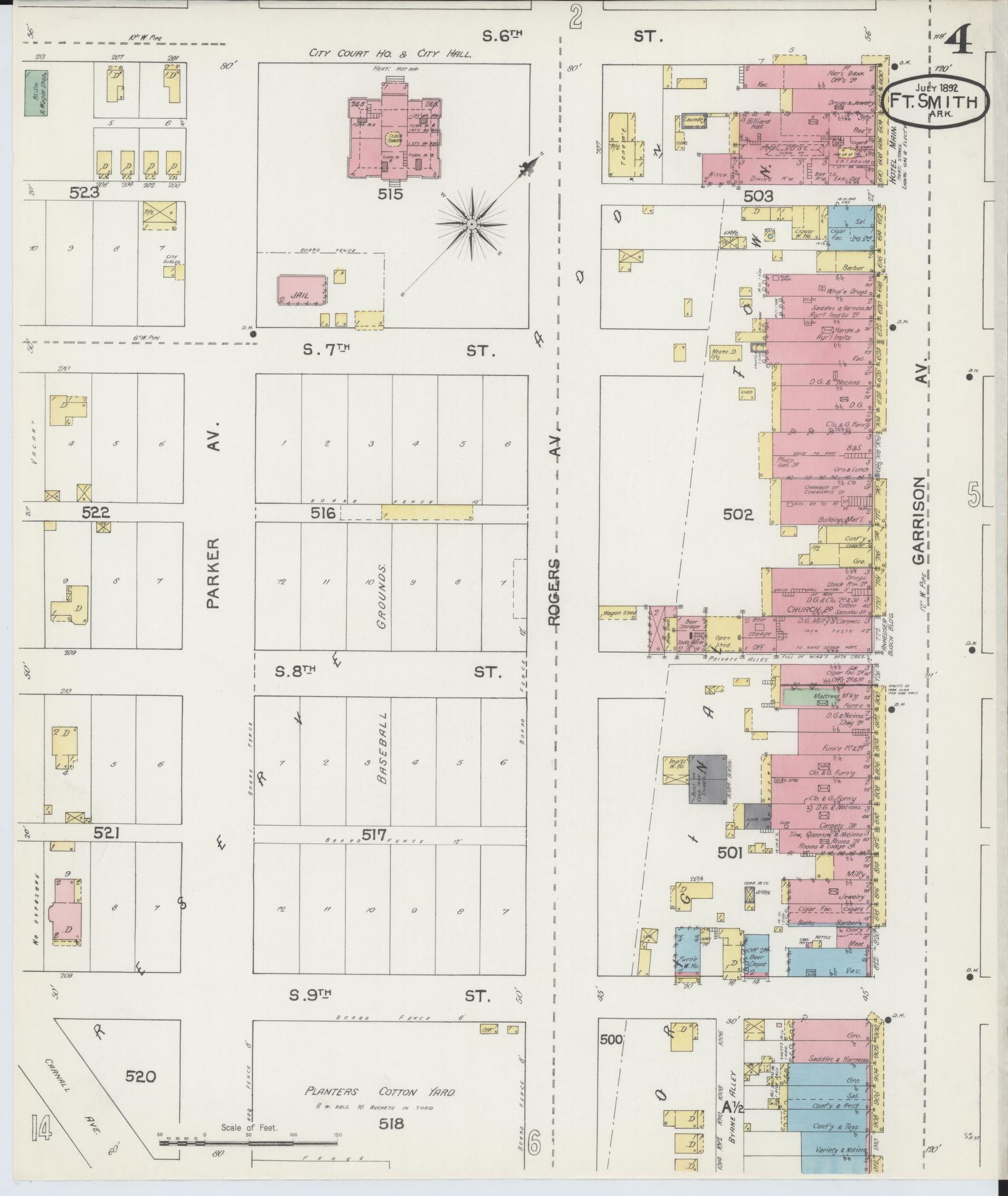 Sanborn Fire Insurance Map from Fort Smith, Sebastian County, Arkansas (1892), Sheet #0004 - Historic Sanborn Fire Insurance Map Print, vintage old map wall art, antique decor, genealogy gift, Arkansas Arkansas map