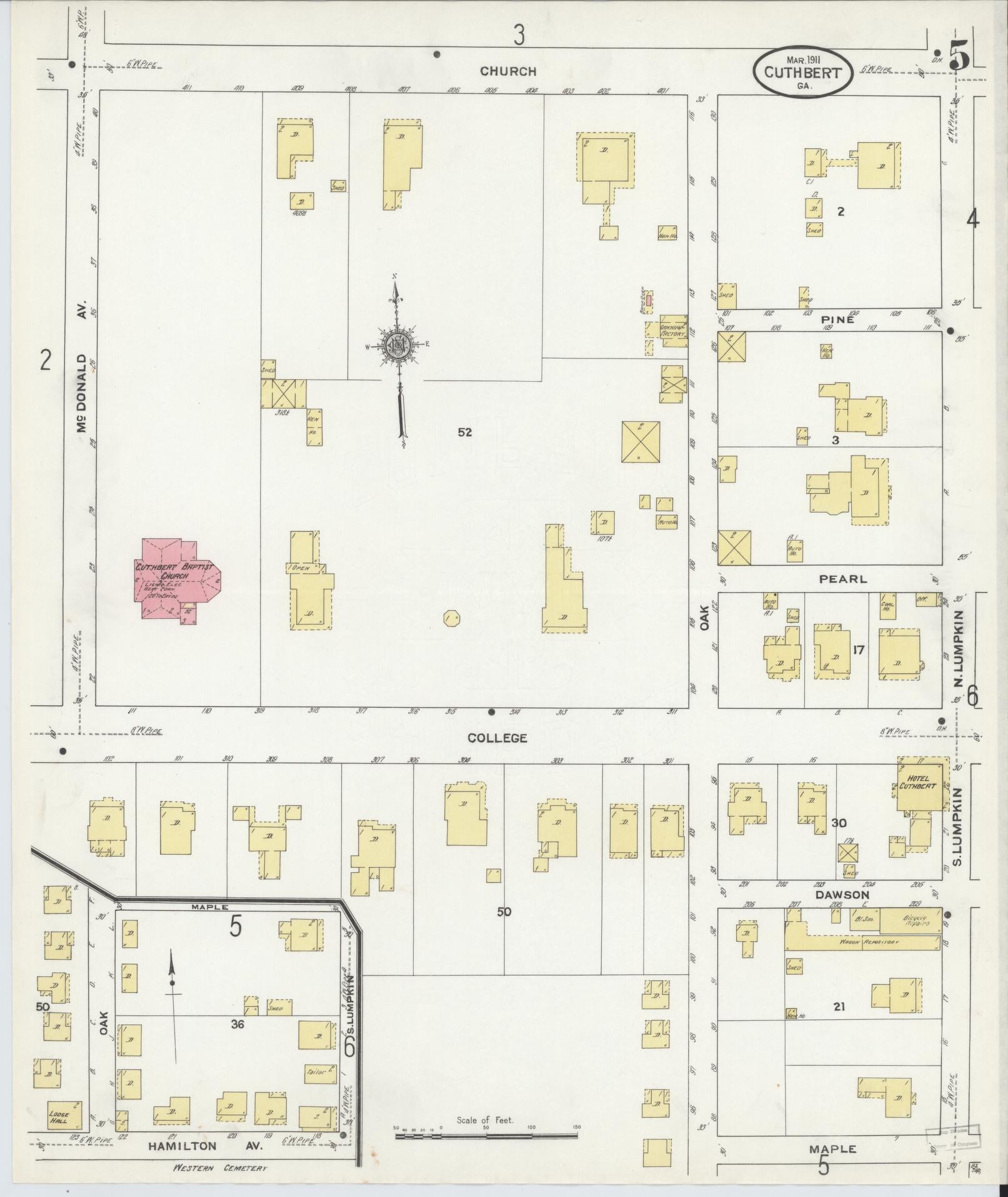 Sanborn Fire Insurance Map from Cuthbert, Randolph County, Georgia (1911), Sheet #0005 - Historic Sanborn Fire Insurance Map Print, vintage old map wall art, antique decor, genealogy gift, Georgia Georgia map