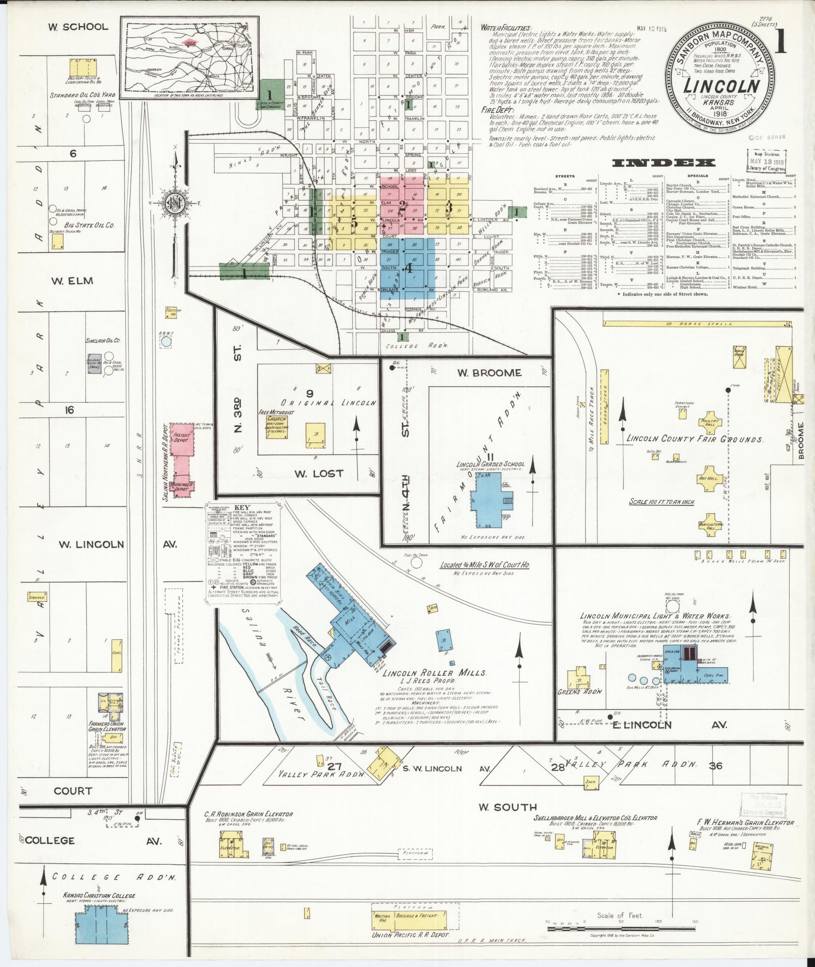 Sanborn Fire Insurance Map from Lincoln, Lincoln County, Kansas (1918), Sheet #0001 - Complete Map Set gallery image, historic Sanborn map, vintage wall art, Kansas Kansas