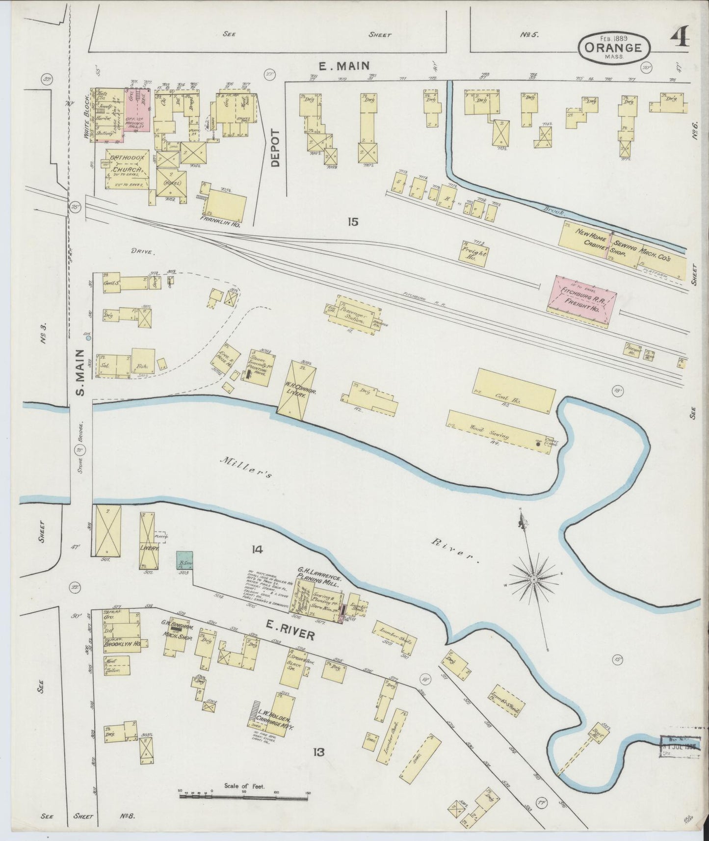 Sanborn Fire Insurance Map from Orange, Franklin County, Massachusetts (1889), Sheet #0004 - Complete Map Set gallery image, historic Sanborn map, vintage wall art, Massachusetts Massachusetts