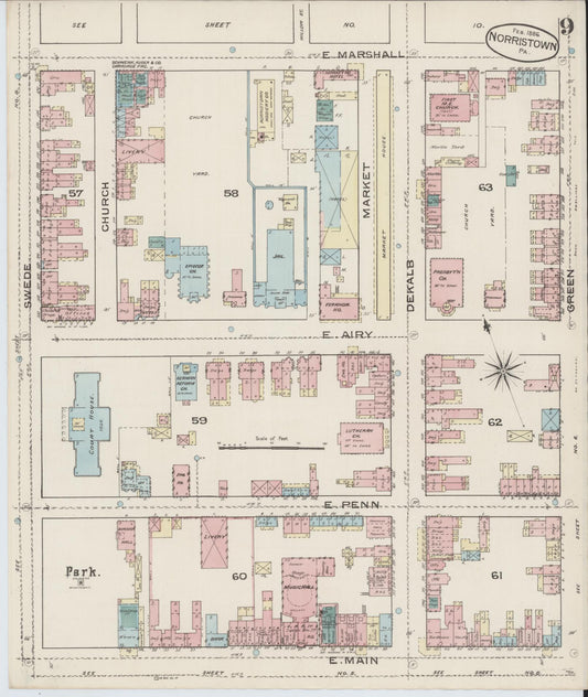Sanborn Fire Insurance Map from Norristown, Montgomery County, Pennsylvania (1886), Sheet #0009 - Historic Sanborn Fire Insurance Map Print, vintage old map wall art, antique decor, genealogy gift, Pennsylvania Pennsylvania map