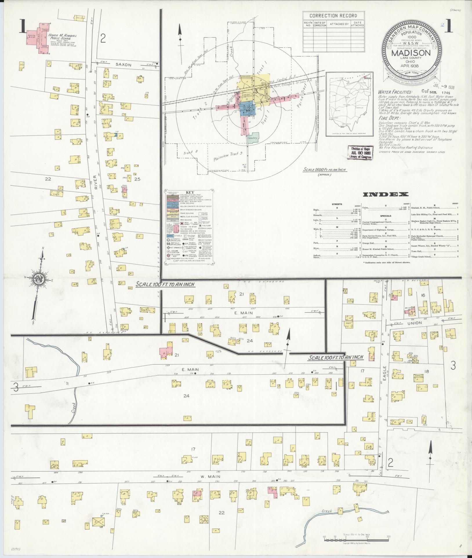 Sanborn Fire Insurance Map from Madison, Lake County, Ohio (1938), Sheet #0001 - Historic Sanborn Fire Insurance Map Print, vintage old map wall art, antique decor, genealogy gift, Ohio Ohio map