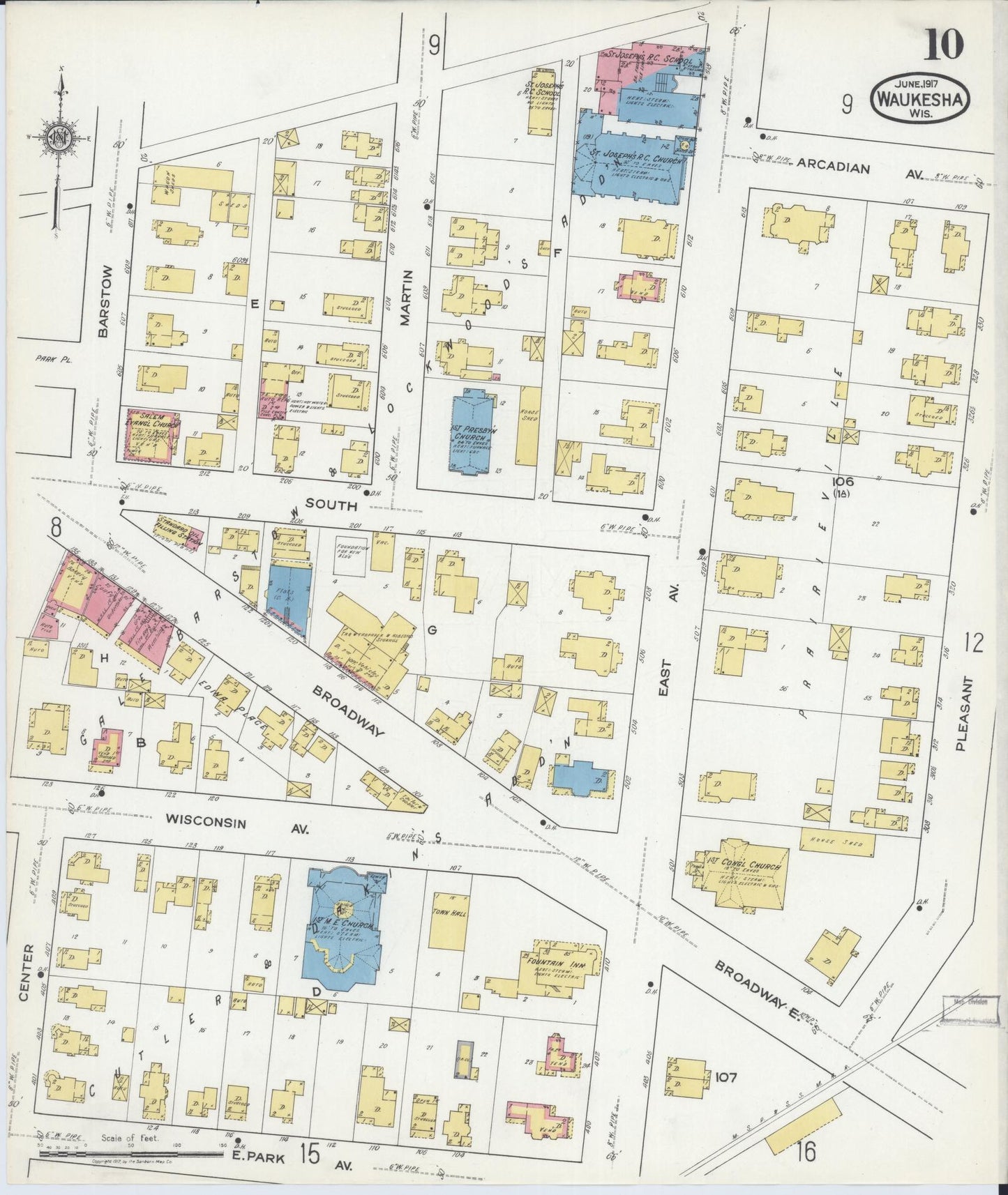 Sanborn Fire Insurance Map from Waukesha, Waukesha County, Wisconsin (1917), Sheet #0010 - Historic Sanborn Fire Insurance Map Print, vintage old map wall art, antique decor, genealogy gift, Wisconsin Wisconsin map