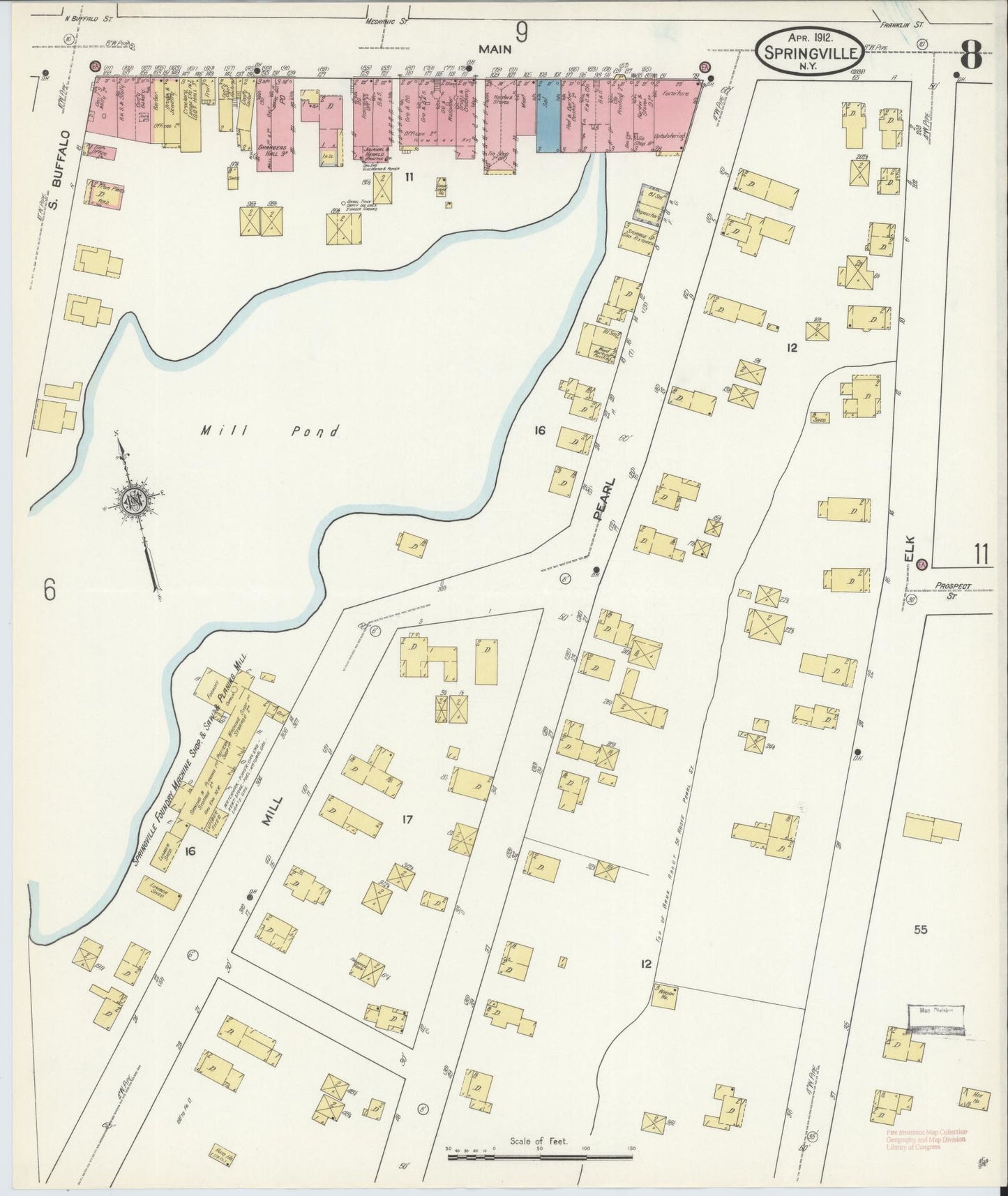 Sanborn Fire Insurance Map from Springville, Erie County, New York (1912), Sheet #0008 - Complete Map Set gallery image, historic Sanborn map, vintage wall art, New York New York