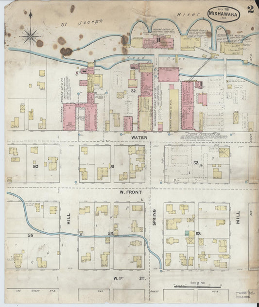 Sanborn Fire Insurance Map from Mishawaka, Saint Joseph County, Indiana (1891), Sheet #0002 - Historic Sanborn Fire Insurance Map Print, vintage old map wall art, antique decor, genealogy gift, Indiana Indiana map