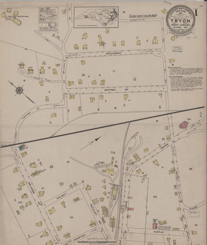 Sanborn Fire Insurance Map from Tryon, Polk County, North Carolina (1922), Sheet #0001 - Historic Sanborn Fire Insurance Map Print, vintage old map wall art, antique decor, genealogy gift, North Carolina North Carolina map