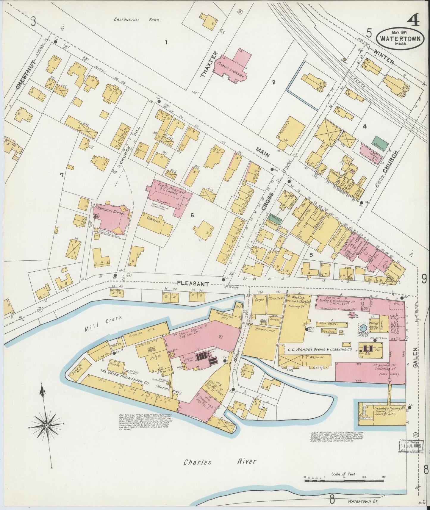 Sanborn Fire Insurance Map from Watertown, Middlesex County, Massachusetts (1904), Sheet #0004 - Historic Sanborn Fire Insurance Map Print, vintage old map wall art, antique decor, genealogy gift, Massachusetts Massachusetts map