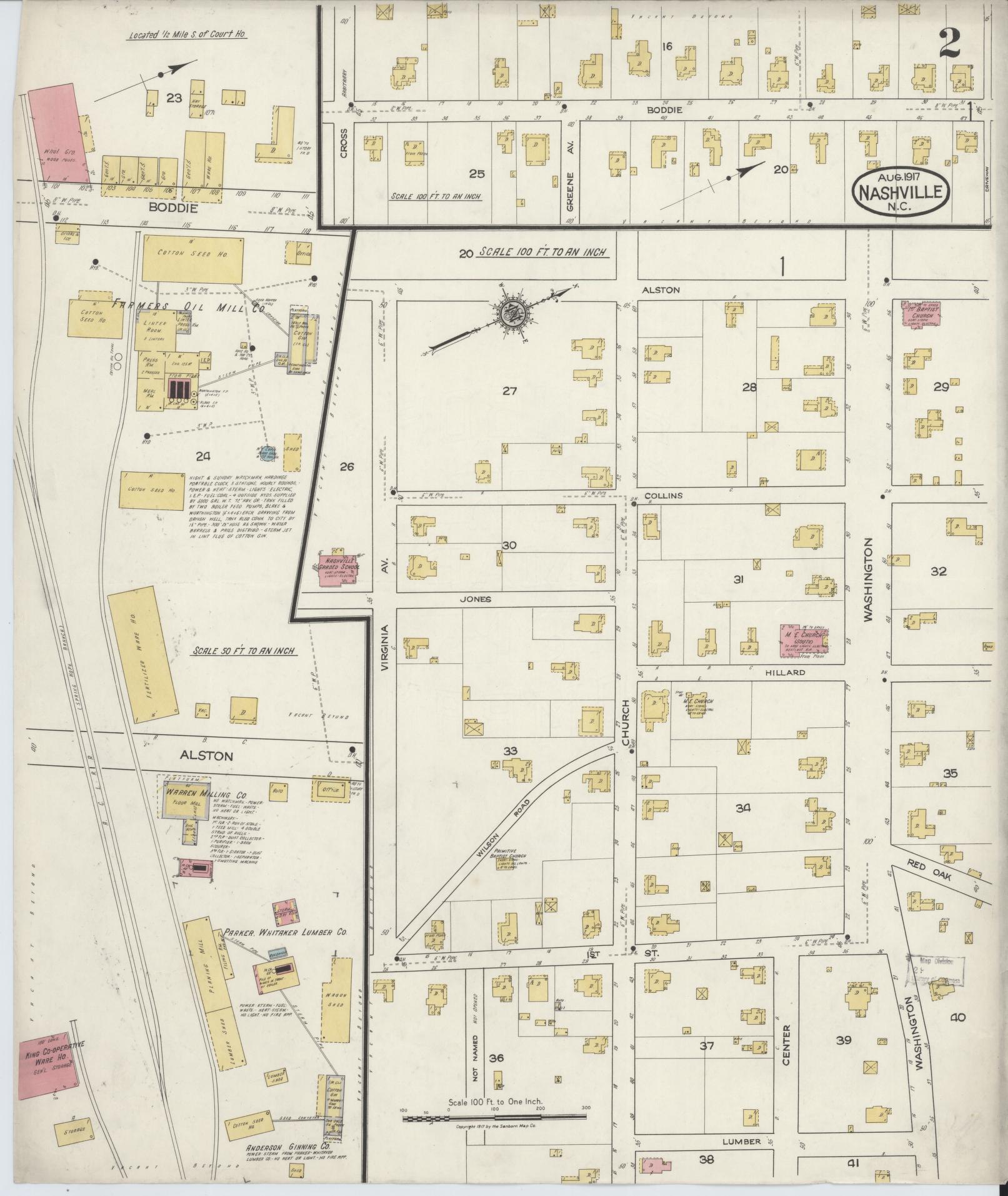 Sanborn Fire Insurance Map from Nashville, Nash County, North Carolina (1917), Sheet #0002 - Complete Map Set gallery image, historic Sanborn map, vintage wall art, North Carolina North Carolina