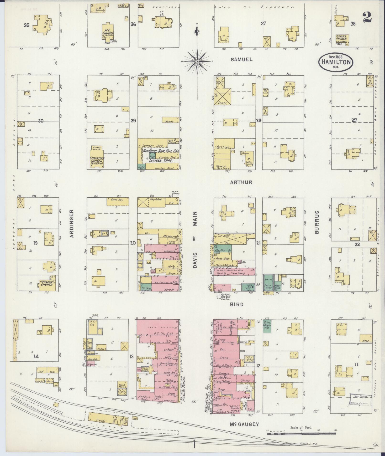 Sanborn Fire Insurance Map from Hamilton, Caldwell County, Missouri (1898), Sheet #0002 - Historic Sanborn Fire Insurance Map Print, vintage old map wall art, antique decor, genealogy gift, Missouri Missouri map