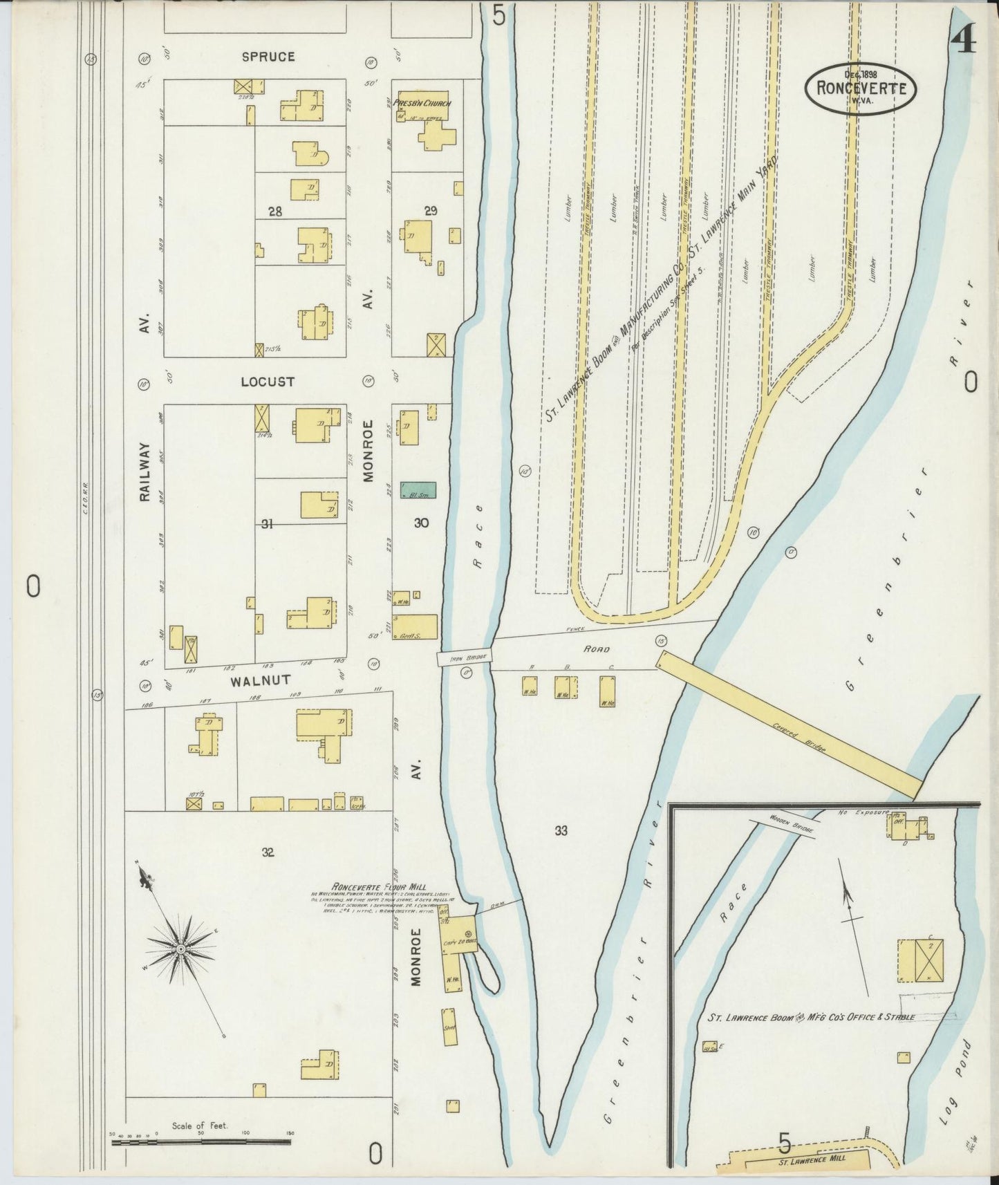 Sanborn Fire Insurance Map from Ronceverte, Greenbrier County, West Virginia (1898), Sheet #0004 - Historic Sanborn Fire Insurance Map Print, vintage old map wall art, antique decor, genealogy gift, West Virginia West Virginia map