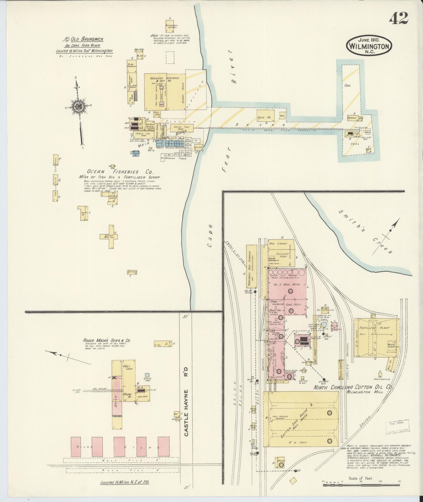 Sanborn Fire Insurance Map from Wilmington, New Hanover County, North Carolina (1910), Sheet #0042 - Historic Sanborn Fire Insurance Map Print, vintage old map wall art, antique decor, genealogy gift, North Carolina North Carolina map