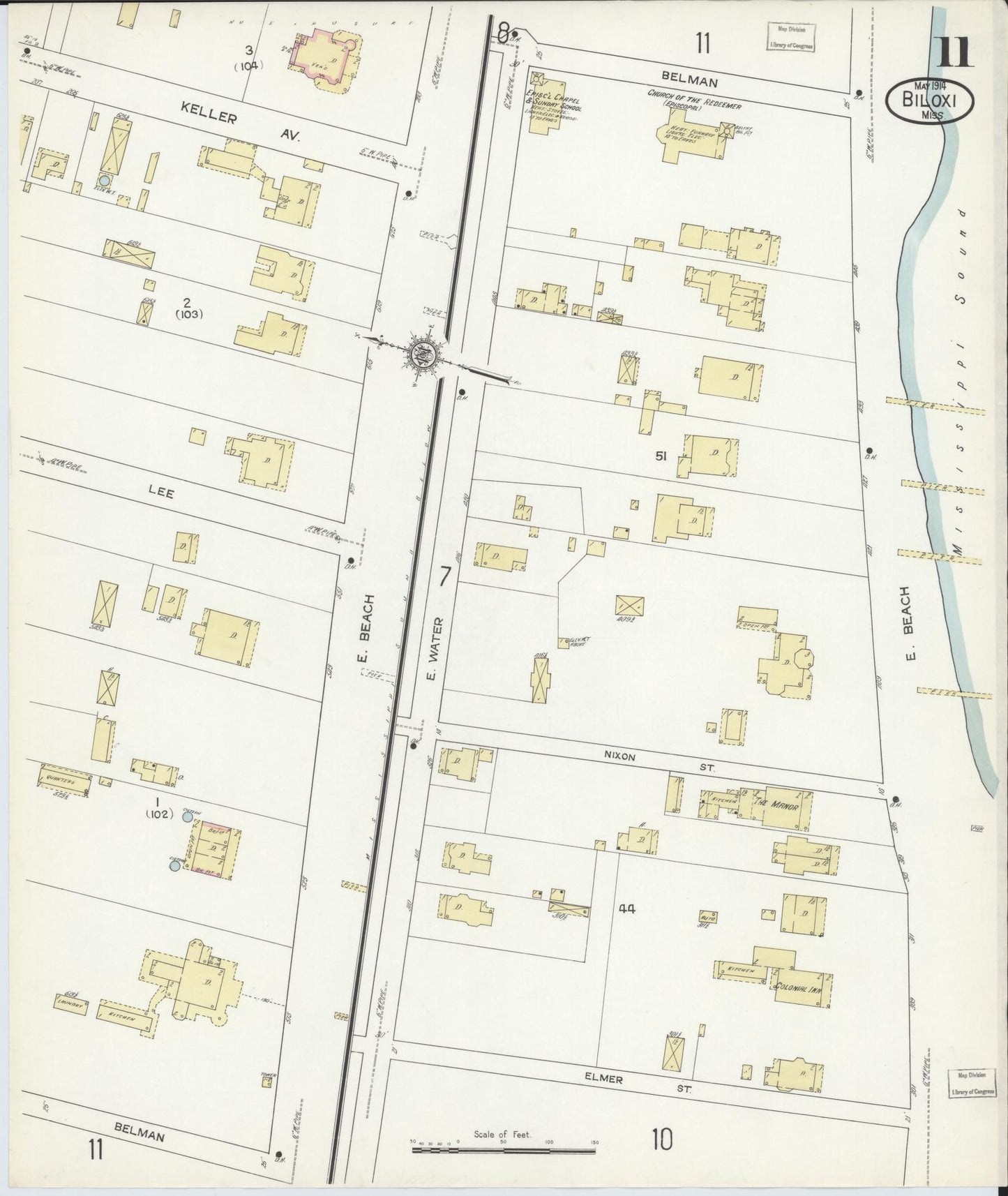 Sanborn Fire Insurance Map from Biloxi, Harrison County, Mississippi (1914), Sheet #0011 - Historic Sanborn Fire Insurance Map Print, vintage old map wall art, antique decor, genealogy gift, Mississippi Mississippi map