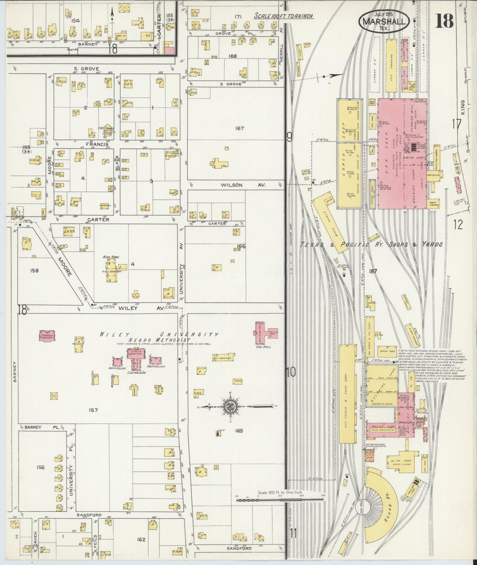 Sanborn Fire Insurance Map from Marshall, Harrison County, Texas (1915), Sheet #0018 - Complete Map Set gallery image, historic Sanborn map, vintage wall art, Texas Texas
