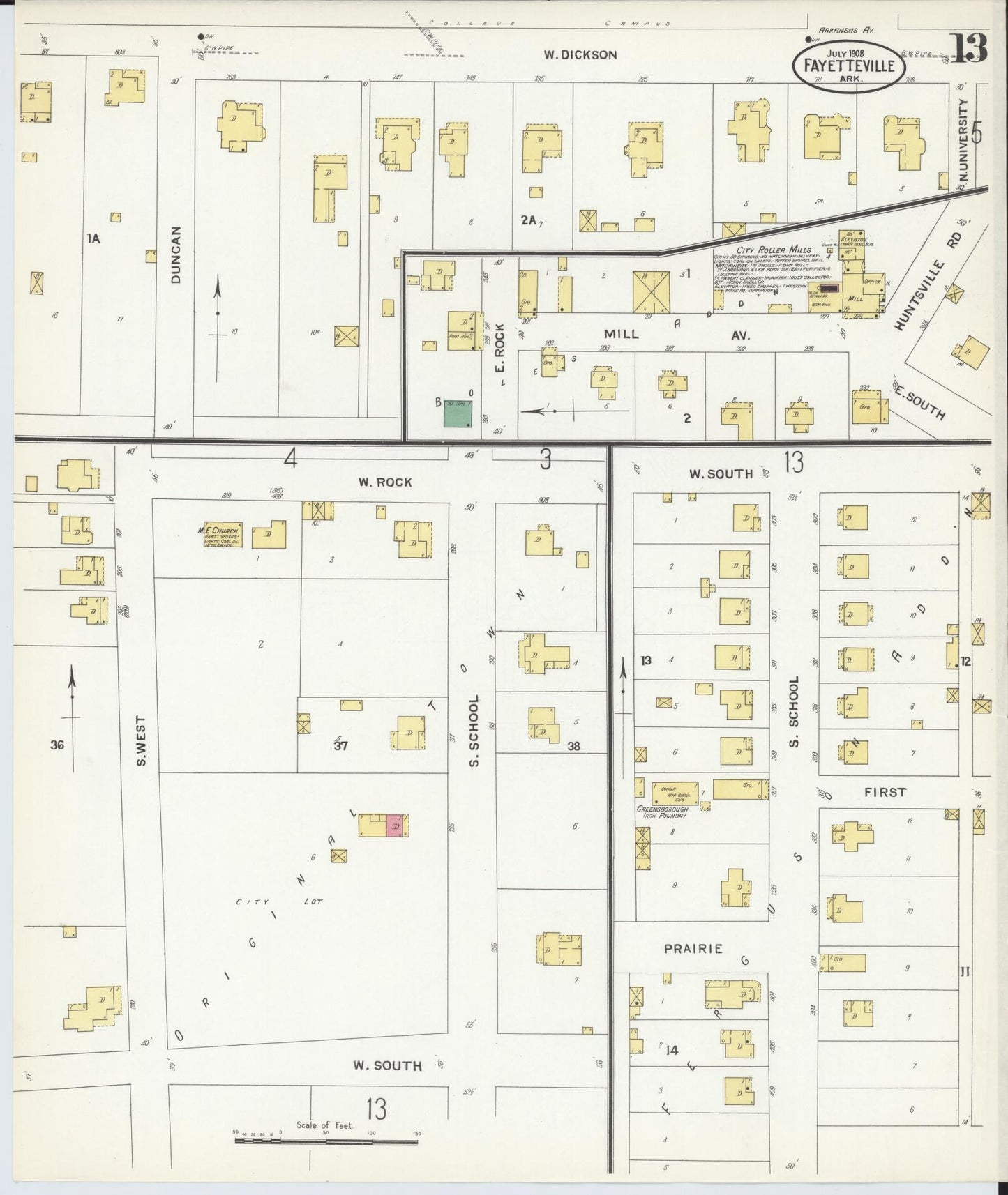 Sanborn Fire Insurance Map from Fayetteville, Washington County, Arkansas (1908), Sheet #0013 - Complete Map Set gallery image, historic Sanborn map, vintage wall art, Arkansas Arkansas