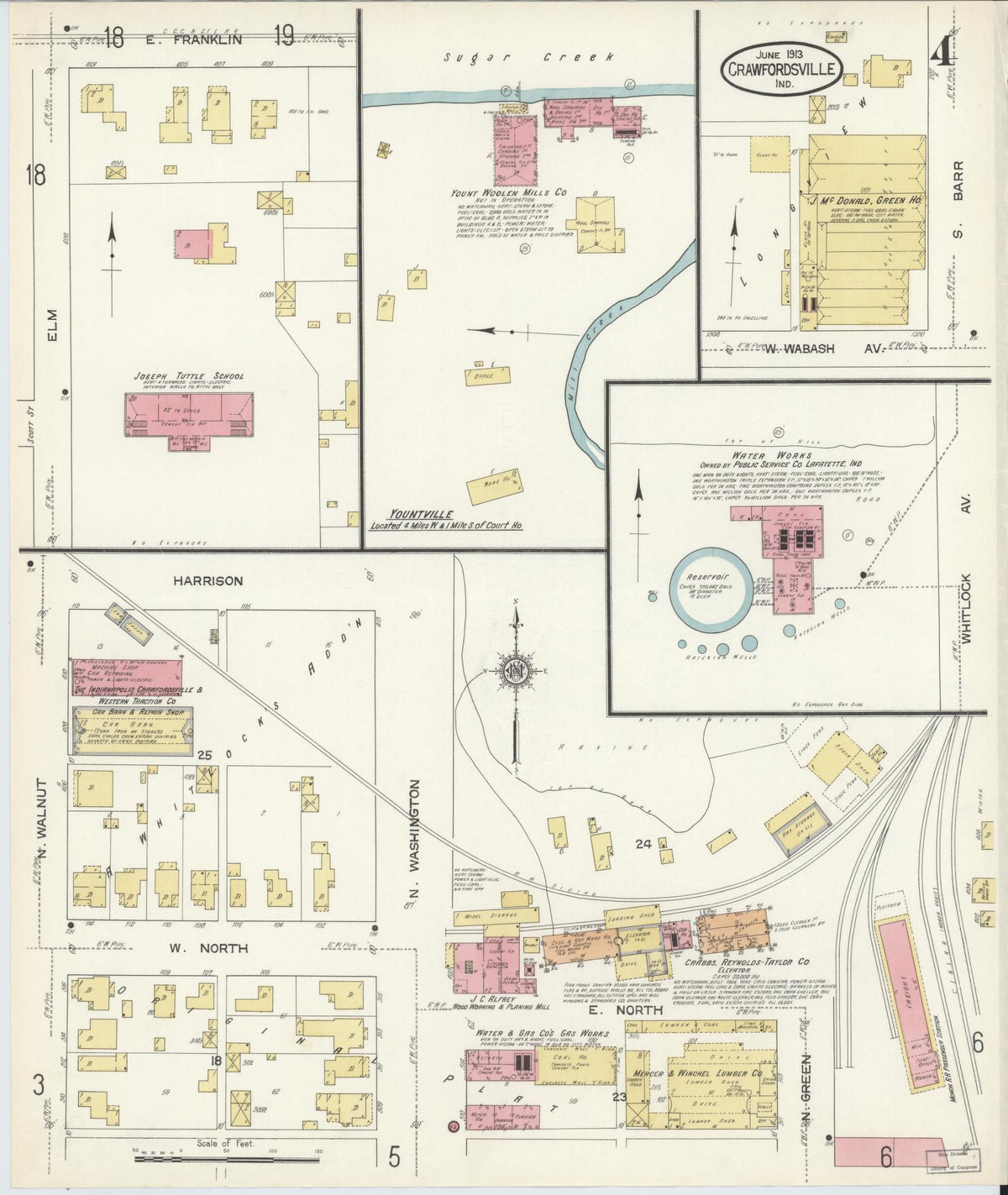 Sanborn Fire Insurance Map from Crawfordsville, Montgomery County, Indiana (1913), Sheet #0004 - Historic Sanborn Fire Insurance Map Print, vintage old map wall art, antique decor, genealogy gift, Indiana Indiana map