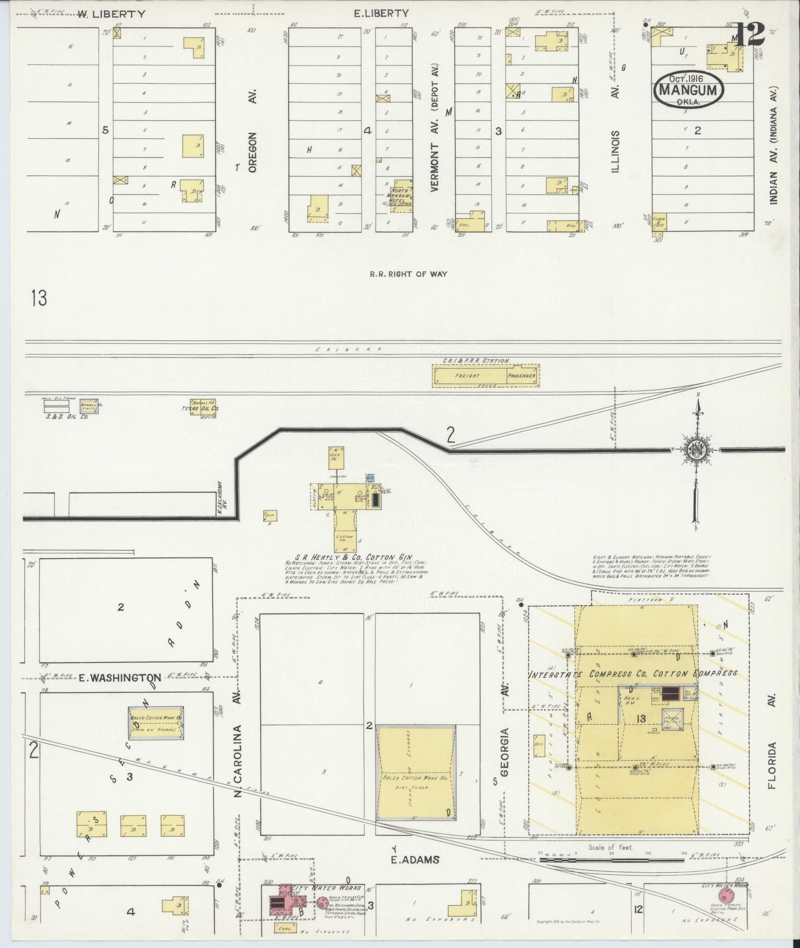 Sanborn Fire Insurance Map from Mangum, Greer County, Oklahoma (1916), Sheet #0012 - Historic Sanborn Fire Insurance Map Print, vintage old map wall art, antique decor, genealogy gift, Oklahoma Oklahoma map