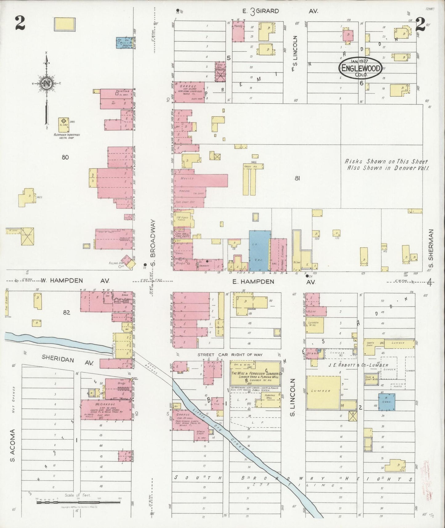 Sanborn Fire Insurance Map from Englewood, Arapahoe County, Colorado (1927), Sheet #0002 - Historic Sanborn Fire Insurance Map Print, vintage old map wall art, antique decor, genealogy gift, Colorado Colorado map
