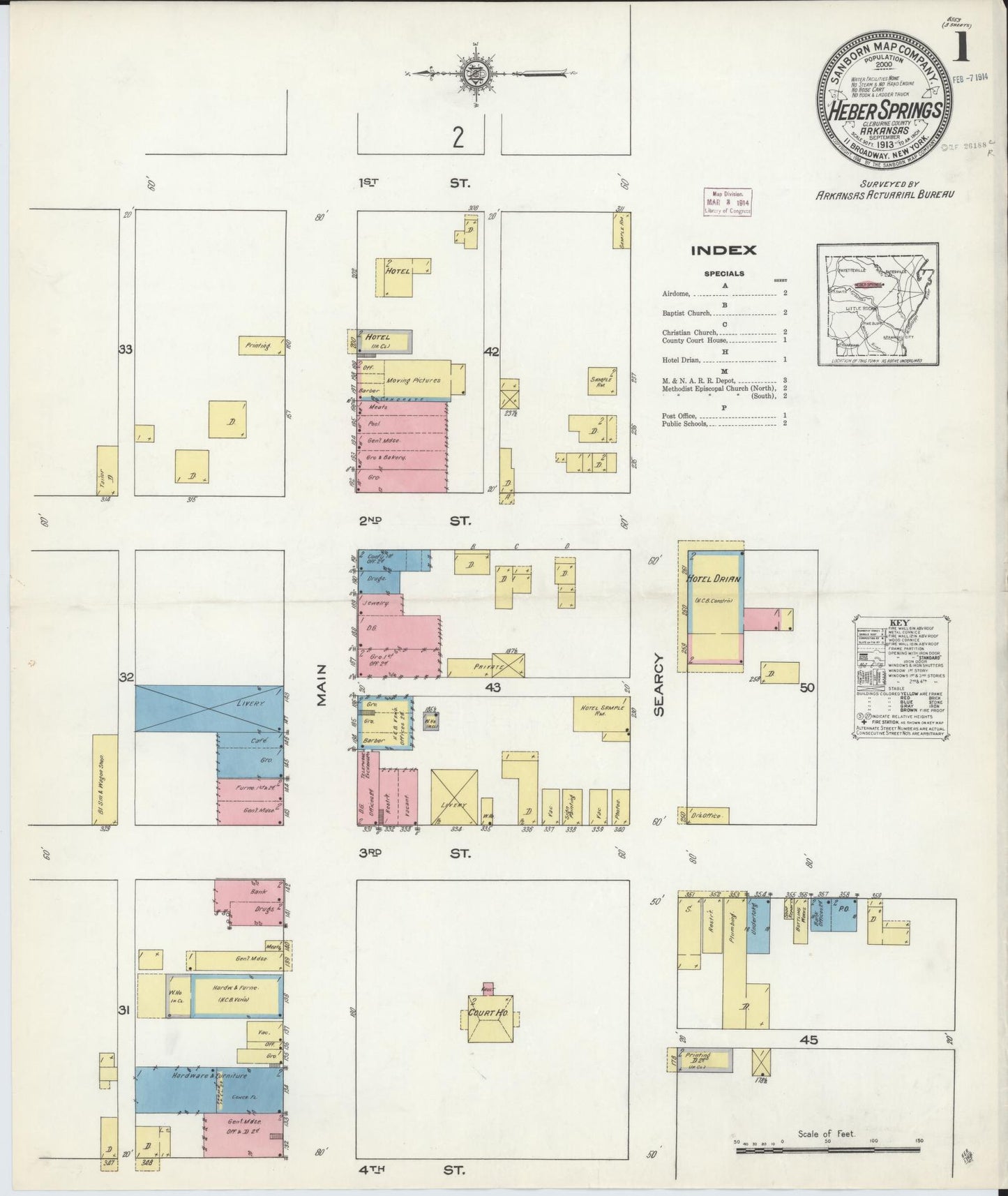 Sanborn Fire Insurance Map from Heber Springs, Cleburne County, Arkansas (1913), Sheet #0001 - Complete Map Set gallery image, historic Sanborn map, vintage wall art, Arkansas Arkansas