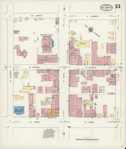 Sanborn Fire Insurance Map from Salisbury, Rowan County, North Carolina (1913), Sheet #0013 - Complete Map Set gallery image, historic Sanborn map, vintage wall art, North Carolina North Carolina
