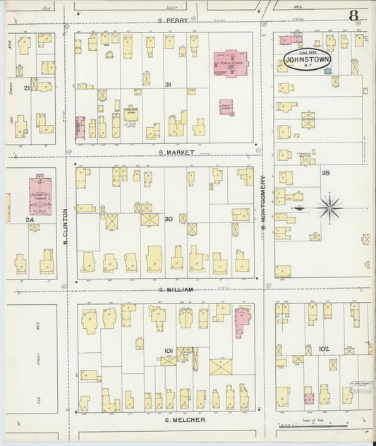 Sanborn Fire Insurance Map from Johnstown, Fulton County, New York (1892), Sheet #0008 - Historic Sanborn Fire Insurance Map Print, vintage old map wall art, antique decor, genealogy gift, New York New York map