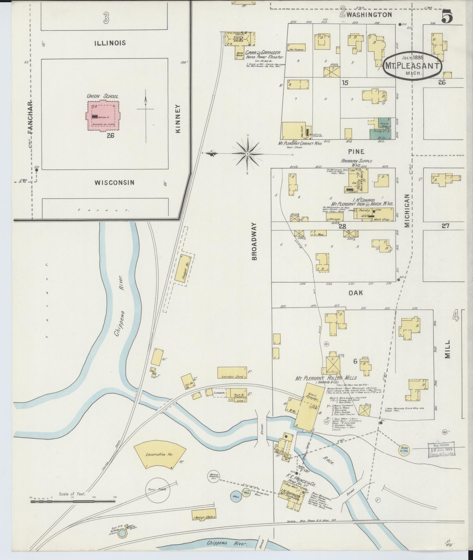 Sanborn Fire Insurance Map from Mount Pleasant, Isabella County, Michigan (1895), Sheet #0005 - Complete Map Set gallery image, historic Sanborn map, vintage wall art, Michigan Michigan