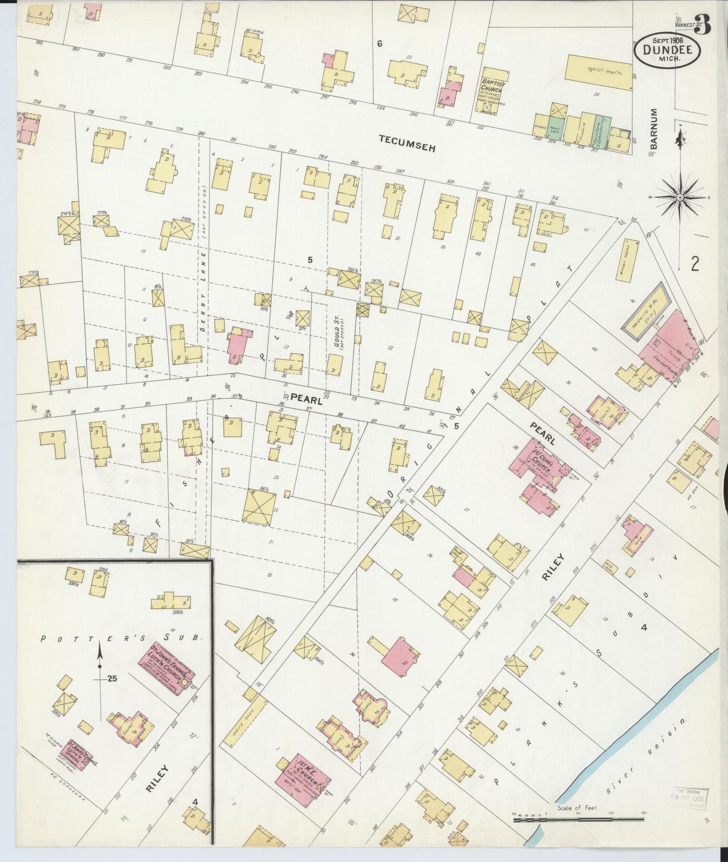 Sanborn Fire Insurance Map from Dundee, Monroe County, Michigan (1908), Sheet #0003 - Complete Map Set gallery image, historic Sanborn map, vintage wall art, Michigan Michigan