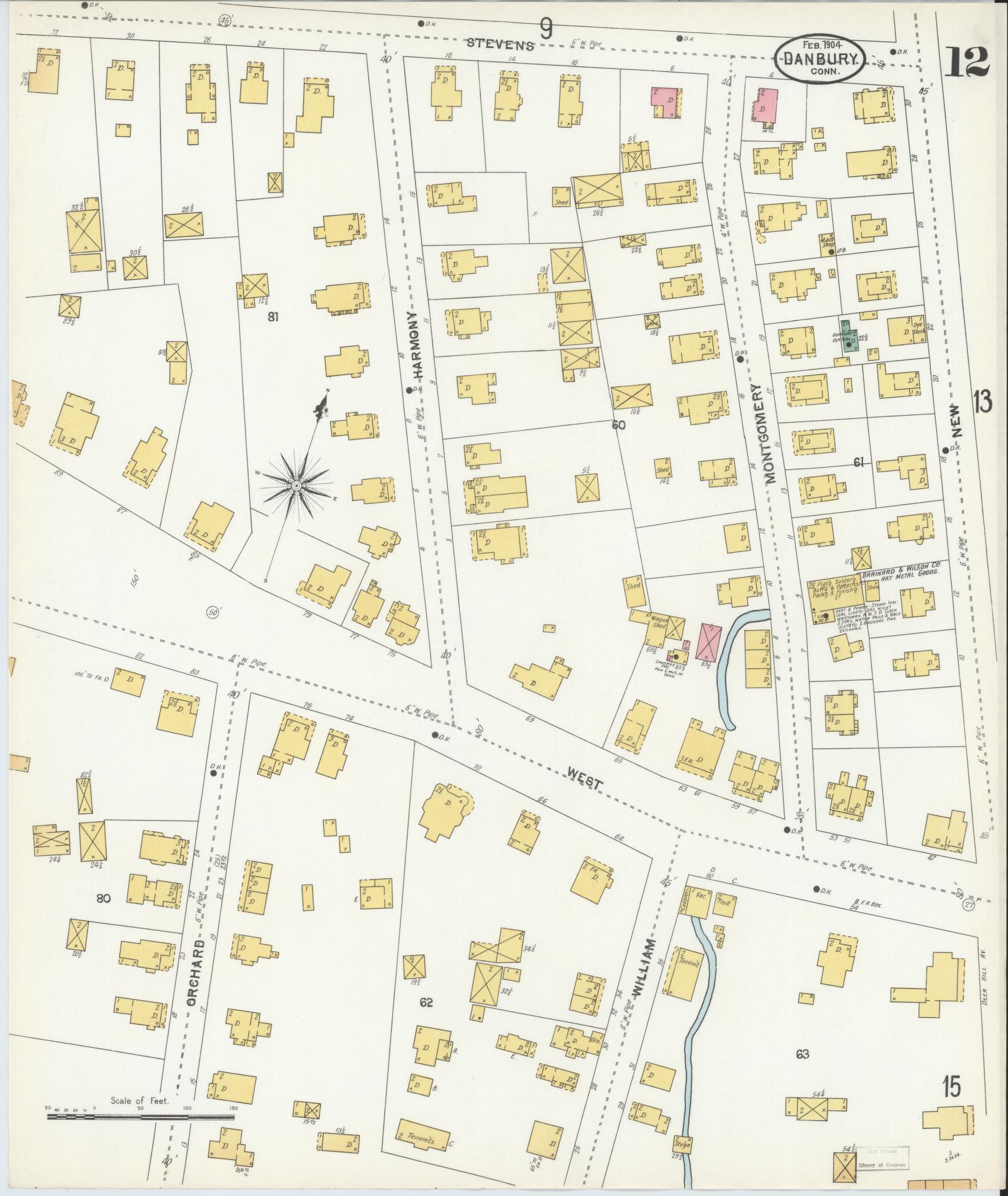 Sanborn Fire Insurance Map from Danbury, Fairfield County, Connecticut (1904), Sheet #0012 - Historic Sanborn Fire Insurance Map Print, vintage old map wall art, antique decor, genealogy gift, Connecticut Connecticut map