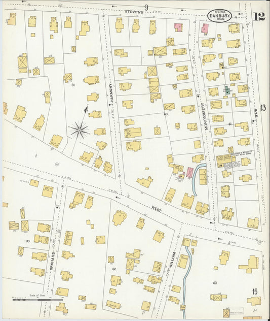 Sanborn Fire Insurance Map from Danbury, Fairfield County, Connecticut (1904), Sheet #0012 - Historic Sanborn Fire Insurance Map Print, vintage old map wall art, antique decor, genealogy gift, Connecticut Connecticut map