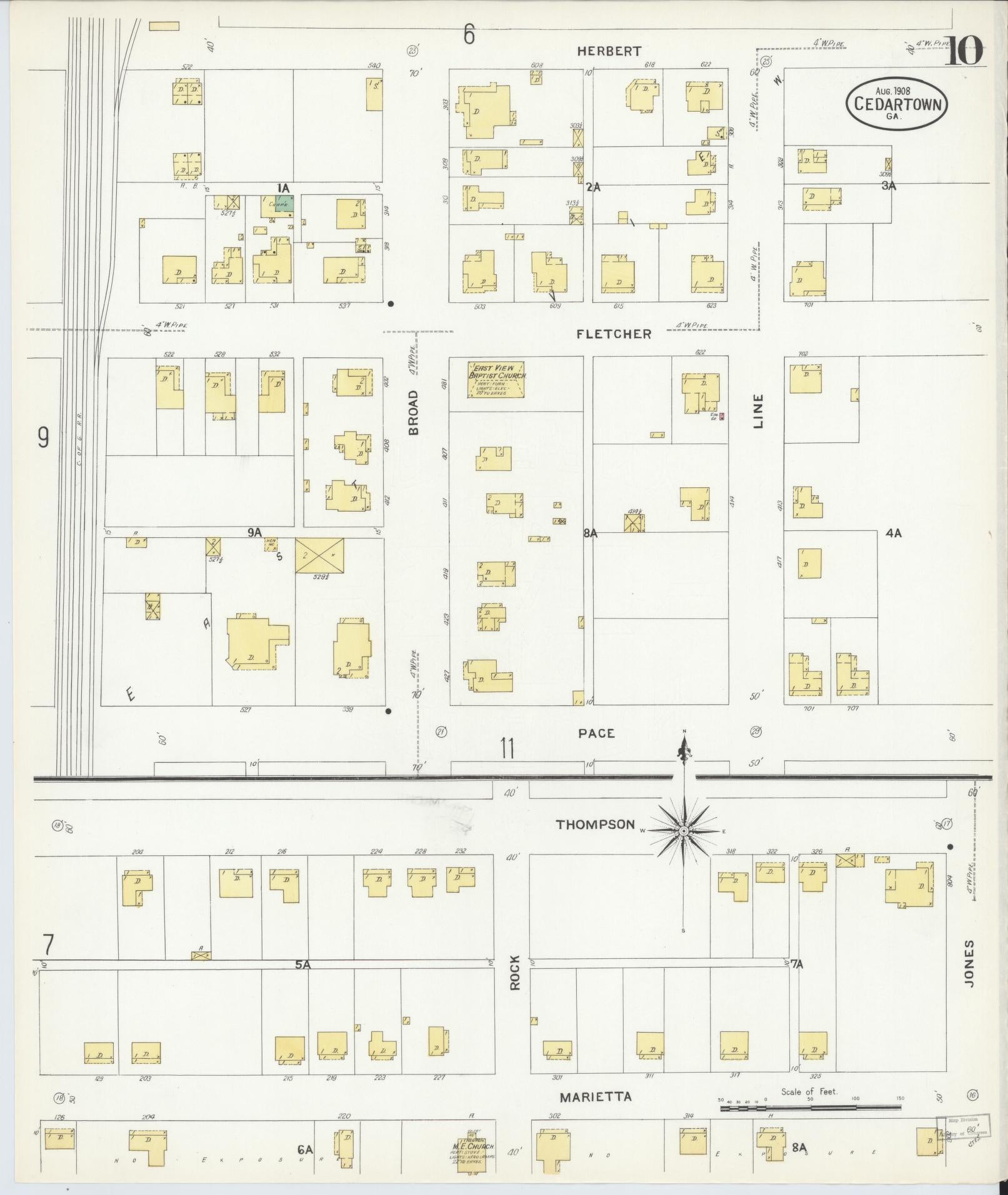 Sanborn Fire Insurance Map from Cedartown, Polk County, Georgia (1908), Sheet #0010 - Historic Sanborn Fire Insurance Map Print, vintage old map wall art, antique decor, genealogy gift, Georgia Georgia map