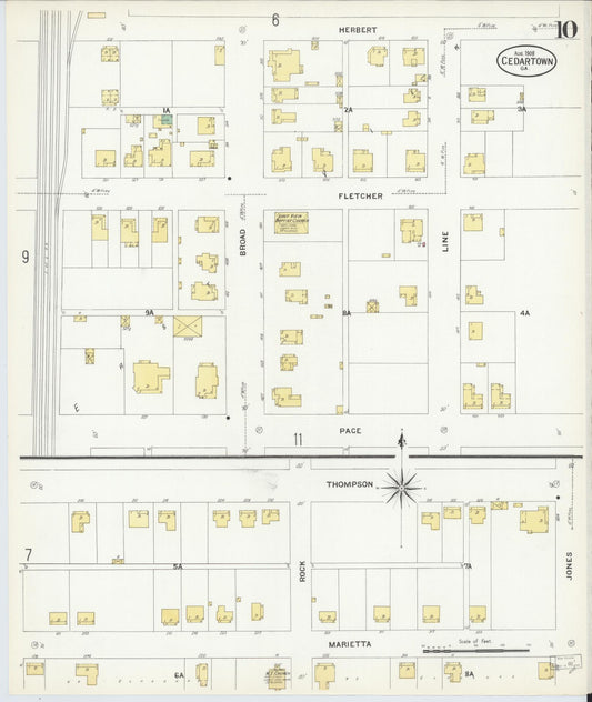 Sanborn Fire Insurance Map from Cedartown, Polk County, Georgia (1908), Sheet #0010 - Historic Sanborn Fire Insurance Map Print, vintage old map wall art, antique decor, genealogy gift, Georgia Georgia map