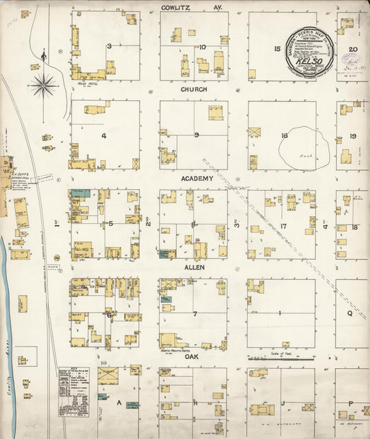 Sanborn Fire Insurance Map from Kelso, Cowlitz County, Washington (1893), Sheet #0001 - Historic Sanborn Fire Insurance Map Print, vintage old map wall art, antique decor, genealogy gift, Washington Washington map