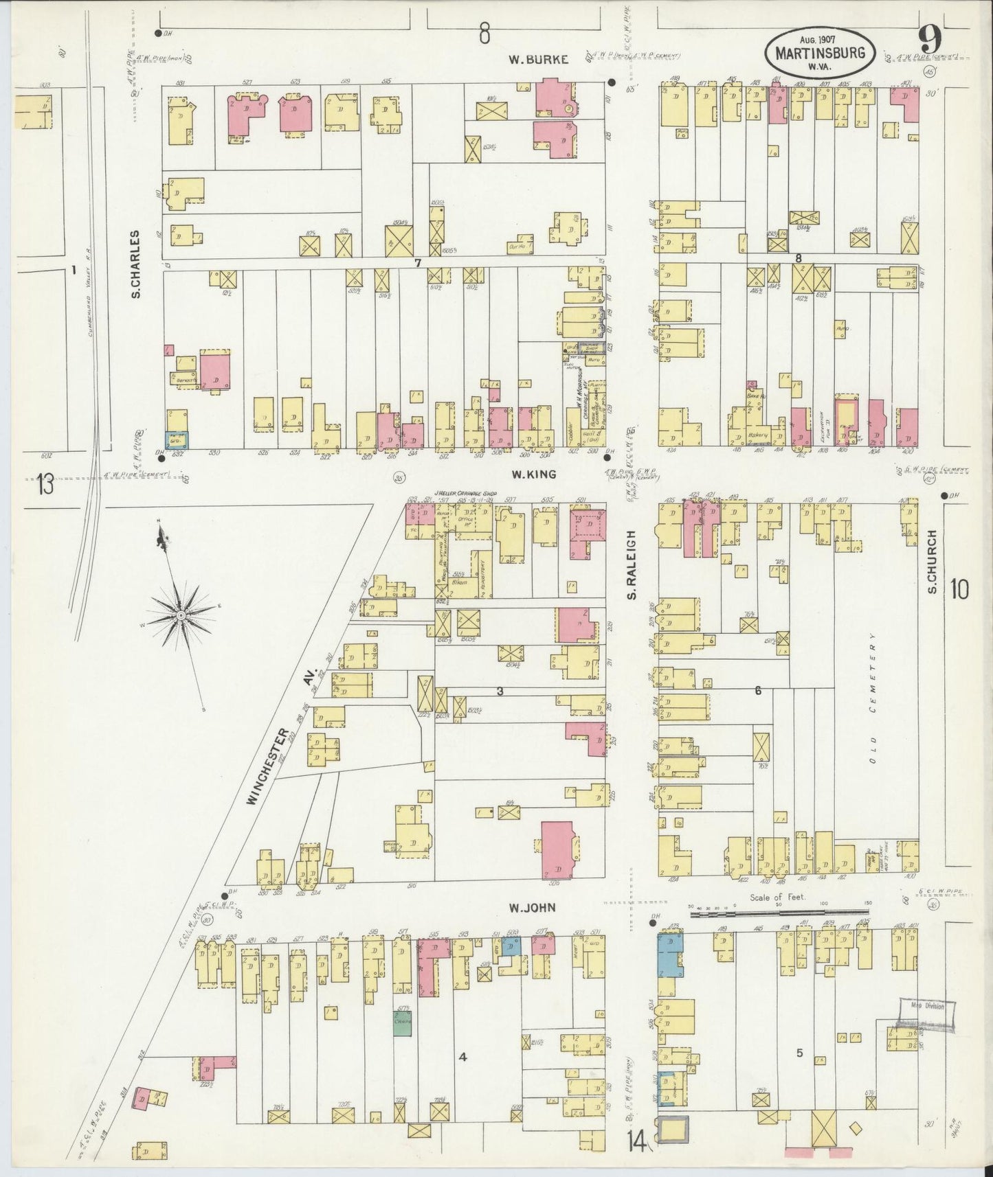 Sanborn Fire Insurance Map from Martinsburg, Berkeley County, West Virginia (1907), Sheet #0009 - Complete Map Set gallery image, historic Sanborn map, vintage wall art, West Virginia West Virginia
