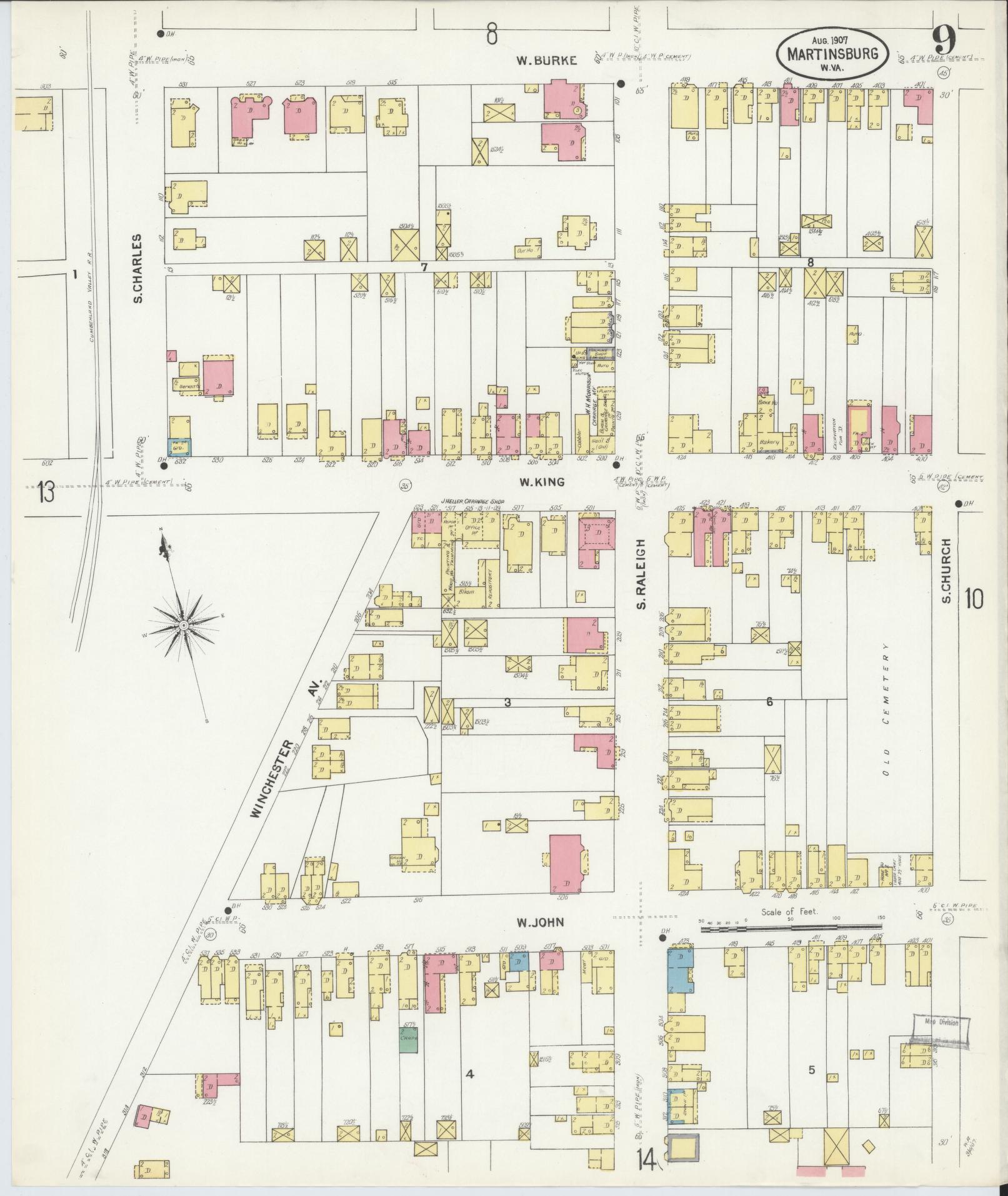 Sanborn Fire Insurance Map from Martinsburg, Berkeley County, West Virginia (1907), Sheet #0009 - Complete Map Set gallery image, historic Sanborn map, vintage wall art, West Virginia West Virginia