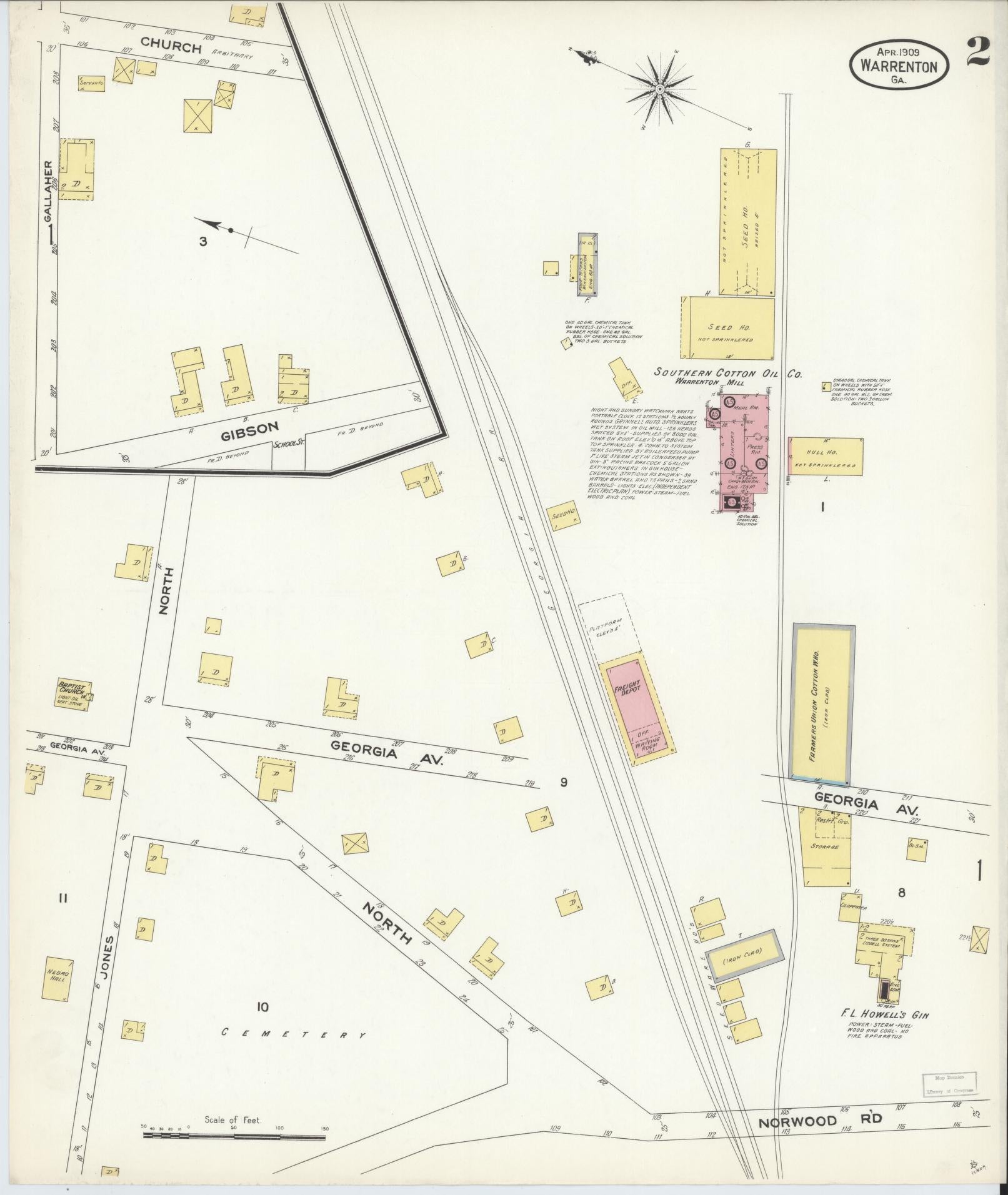 Sanborn Fire Insurance Map from Warrenton, Warren County, Georgia (1909), Sheet #0002 - Historic Sanborn Fire Insurance Map Print, vintage old map wall art, antique decor, genealogy gift, Georgia Georgia map